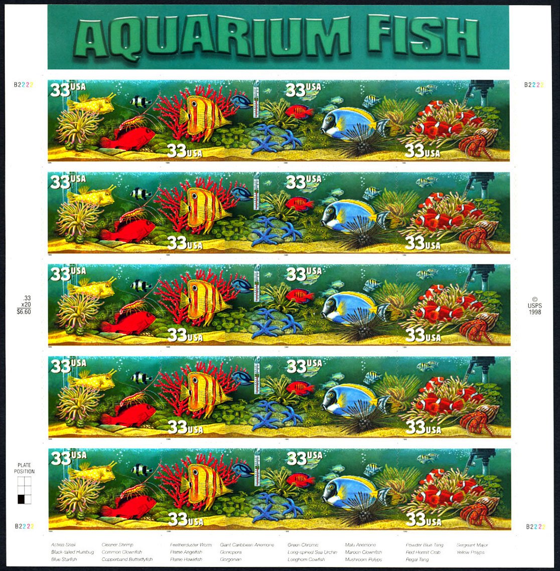 Aquarium Fish Collectible Sheet of 20 33 Cent Stamps