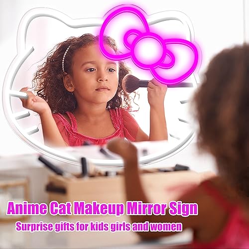 Miniatura 5 de KYBCEKU Espejo de neón con luz de gato, letrero de neón de anime para decoración de pared, espejo de neón LED alimentado por USB para tocador, sala