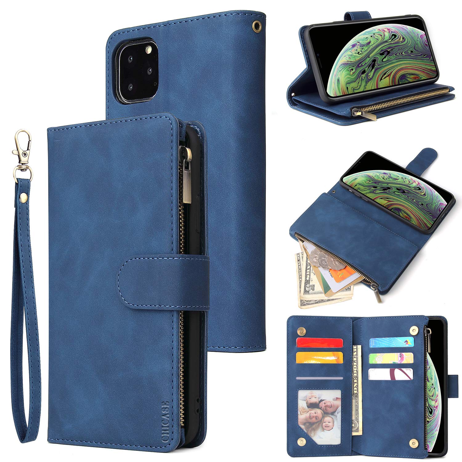 CHICASE Wallet Case for iPhone 11 Pro 5.8 inch,iPhone 11 Pro Case,Leather Handbag Zipper Pocket Card Holder Slots Wrist Strap Flip Protective Phone Cover for iPhone 11 Pro(Blue)