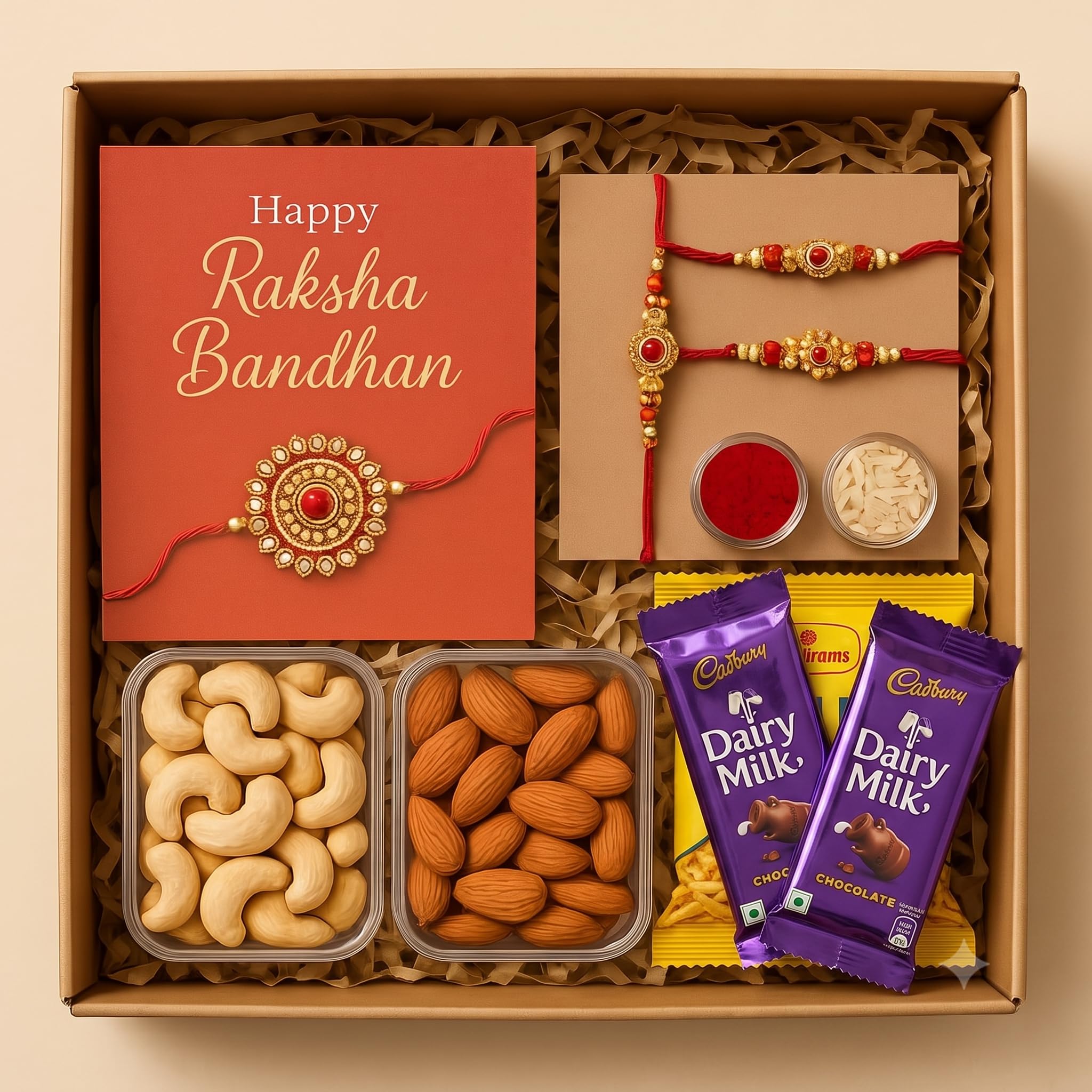 Bay Nut Raksha Bandhan Gift Hamper, Premium 9-Item Set with Dry Fruits, Chocolates, 3 Rakhis, Roli-Chawal, Card, 100g-image-25