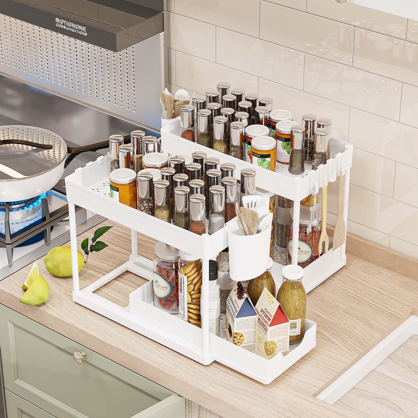 EEGAO Under Sink Storage Kitchen Organiser, 2 Tier Sliding Kitchen Storage Under Sink shelf, Multi-Purpose Organisation for Bathroom, Bottom Slide Out Basket (two, white)