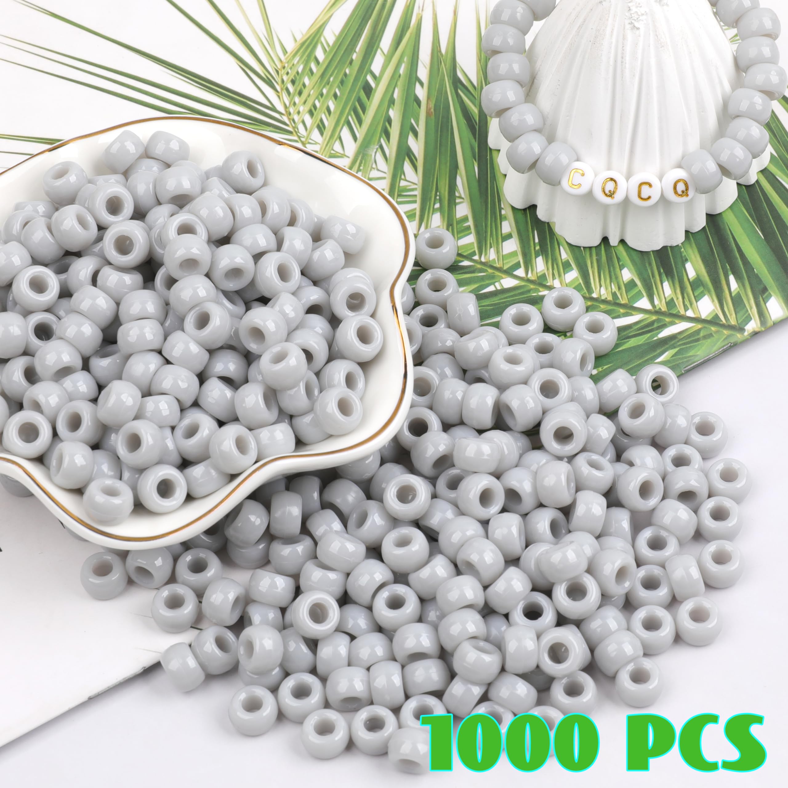 Auvoau 1000Pcs Pony Beads Bracelet 9mm Gray Plastic Barrel Pony Beads for Necklace,Hair Beads for Braids,Key Chain,Jewelry Making (Gray) - Image 2