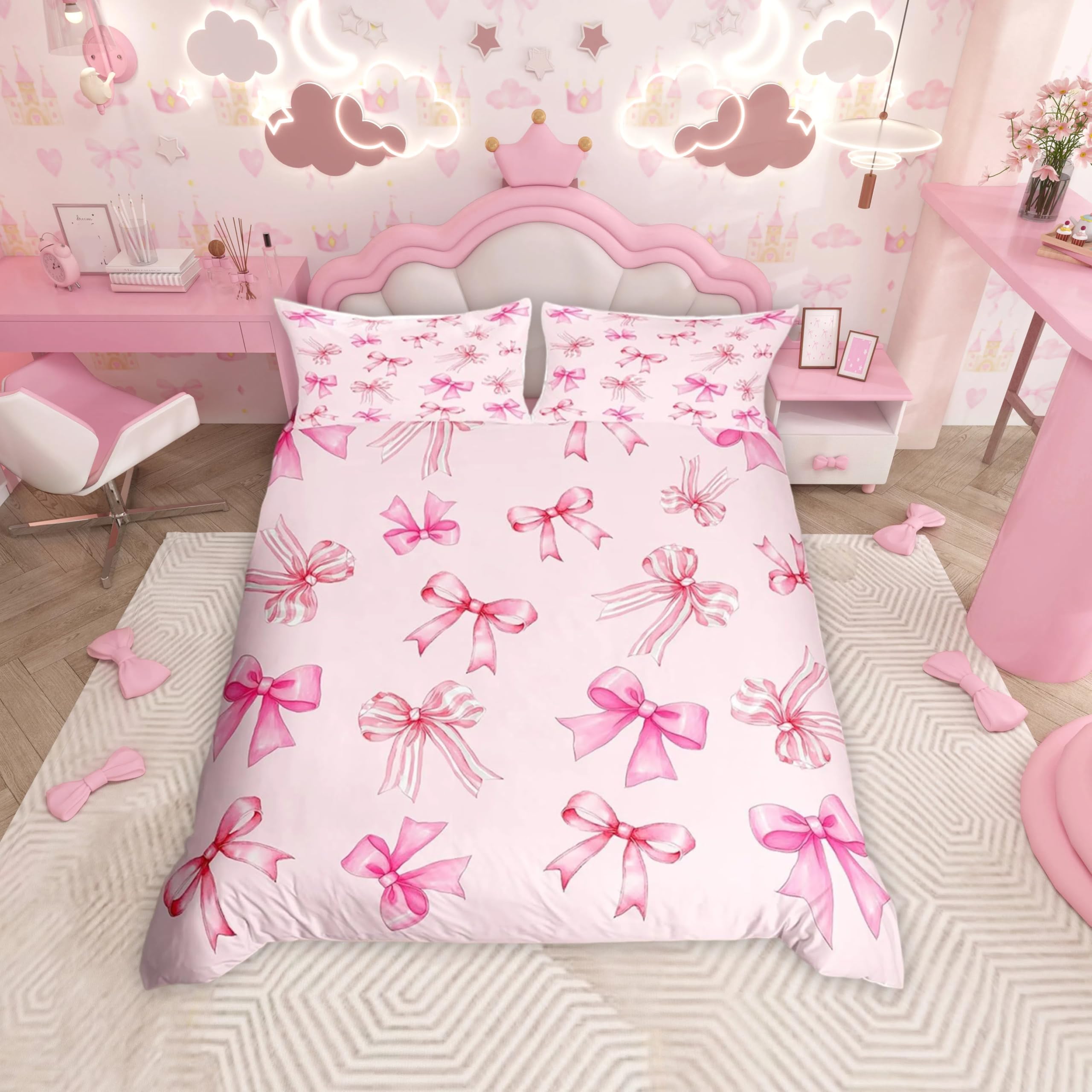 Homemissing Pink Bowknot Duvet Cover Set King Size For Kids Girls Teens Bedroom Cute Coquette Bow Bedding Set Bow Ribbon Comforter Cover with 2 Pillowcases