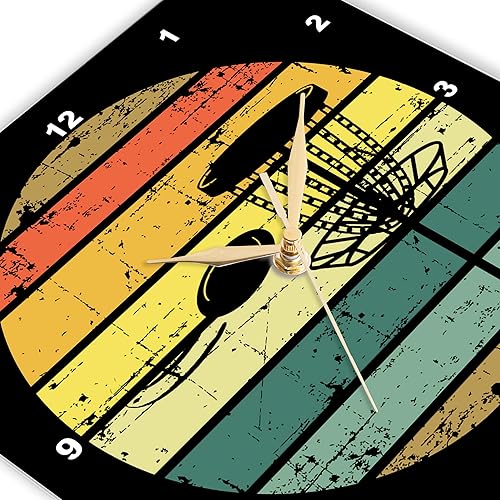 Miniatura 3 de 3dRose Wall Clock Silent - 15 inch - Black disc Golf Basket with disc Over Retro Striped Circle on Black. - Stamp City - Typography - disc Golf