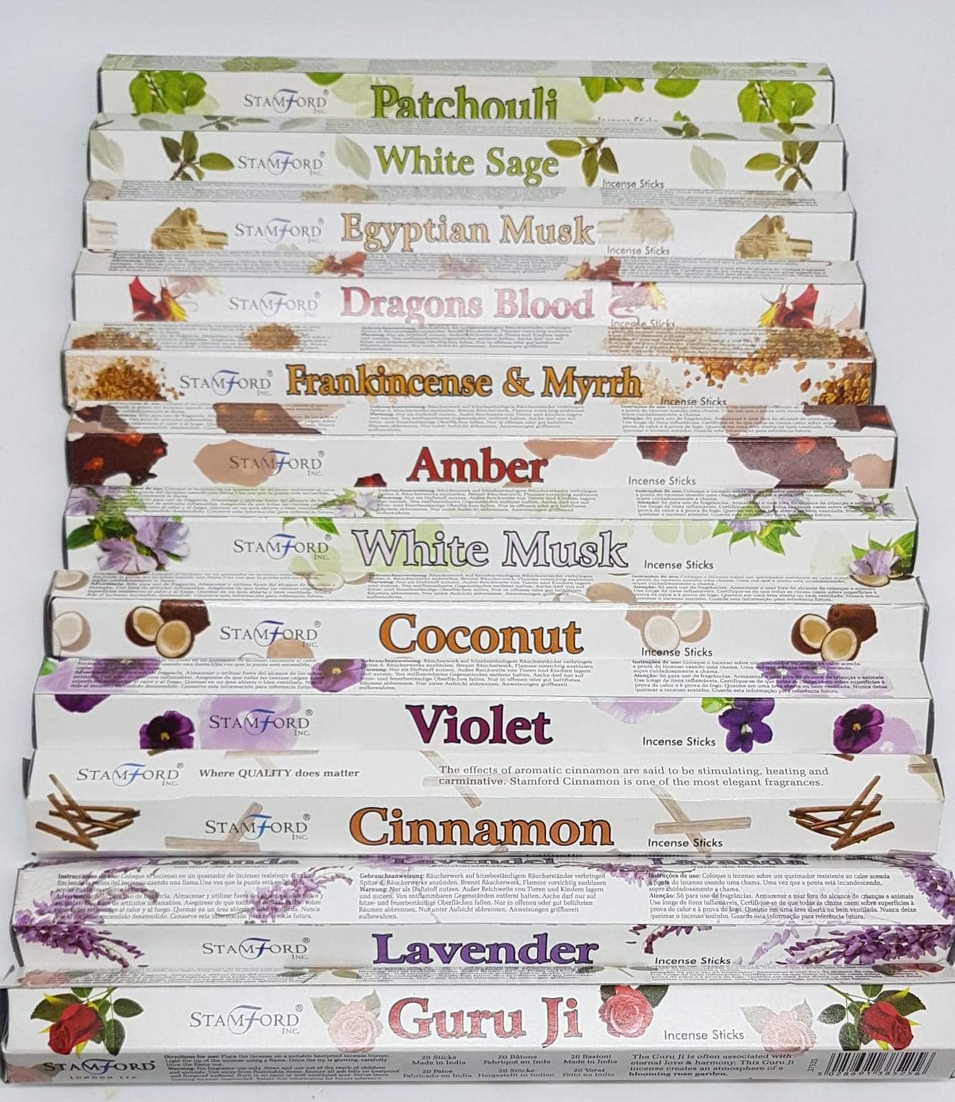 GJ BOON Mixed 12 Pack Stamford Incense Sticks One Box Each Fragrance: Patchouli,White sage,Egyptian musk,Dragon blood,Frankincense & myrrh,Amber,White musk,Coconut,Voilet,Cinnamon,Lavender,Guruji