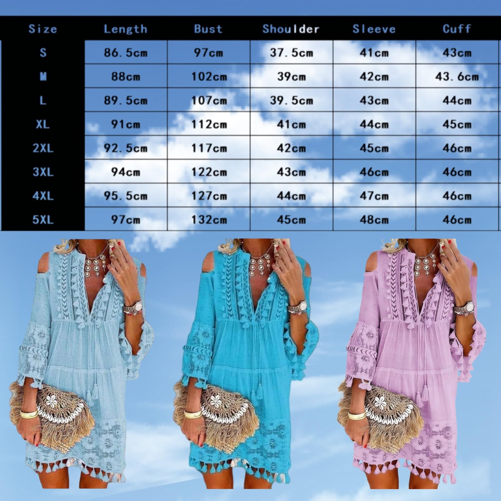 Minivestido para Mujer con Bordado, Escote en V y Hombros Descubiertos; Vestido Estilo Boho con Mangas Acampanadas 3/4, Encaje, croché y Adornos de borlas