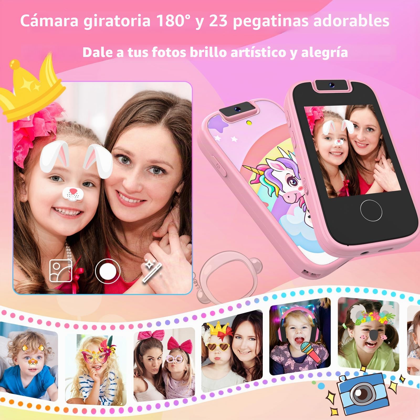 Dhapy Teléfono móvil para niños, pantalla táctil, reproductor MP3 con doble cámara, niños y niñas, regalo de cumpleaños, teléfono de aprendizaje, juguete a partir de 3, 4, 5, 6, 7, 8 años, con tarjeta