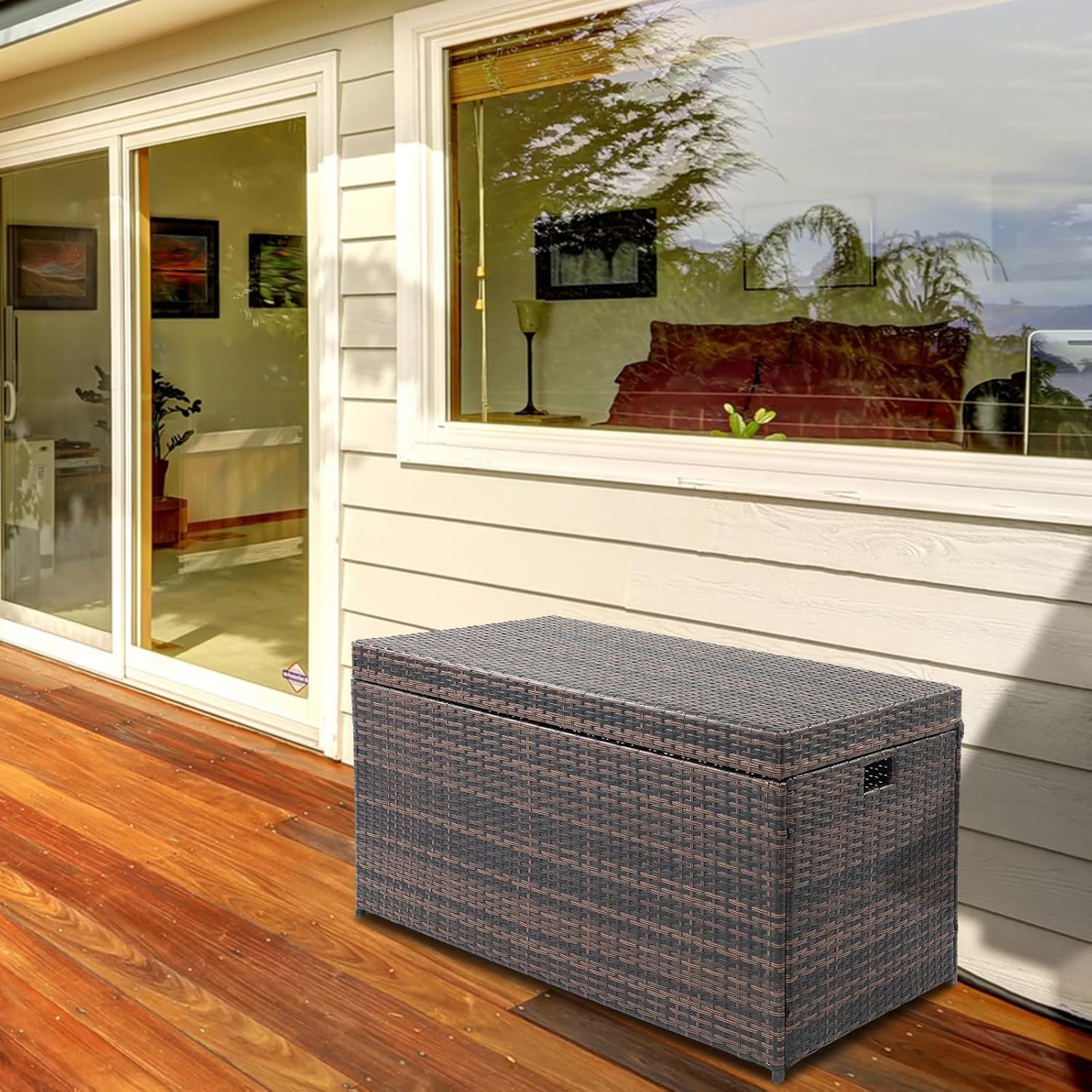 Polyrattan Gartenbox mit Deckel, auflagenbox wasserdicht 500L - Mit flexiblem Scharnier, UV-beständig, rostbeständig, großes Fassungsvermögen, Brauner Farbverlauf