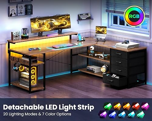 Miniatura 16 de AODK Escritorio en forma de L de 53 pulgadas con cajón, escritorio para computadora con tomas de corriente y luces LED, escritorio de esquina Negro