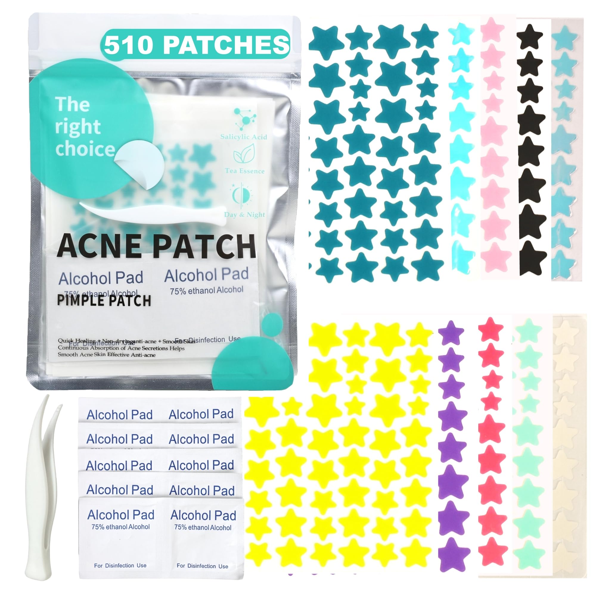 510 Stück Sterne Pimple Patches in 10 Farben, Großpackung Hydrocolloid Patches Gesicht, Star Face Acne Patch mit 10 Alkoholtupfern & 1 Pinzette, Professionelle Zit Stickers für alle Hauttypen