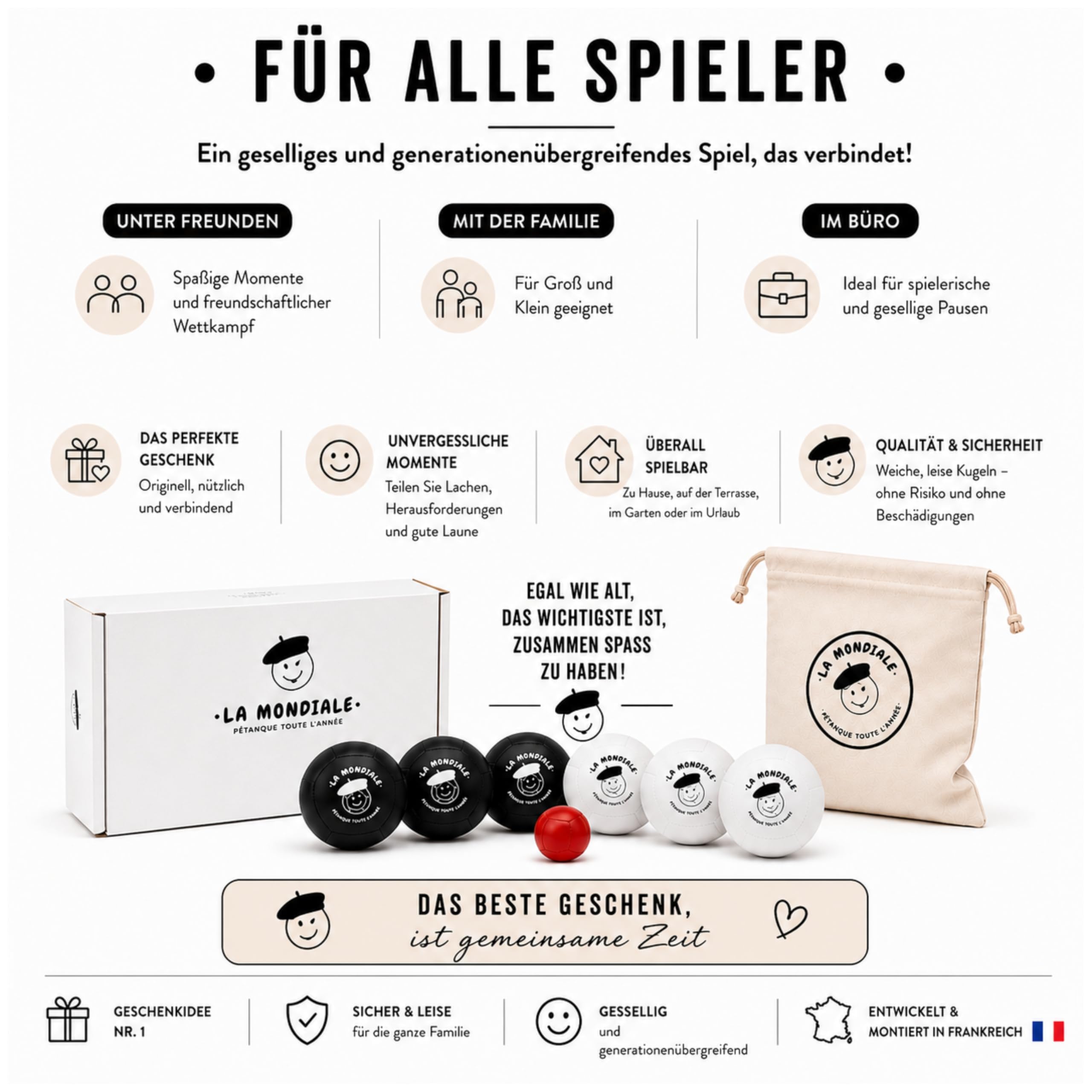 La Mondiale Boccia-Spiel für den Innenbereich – Set mit 6 Kugeln + Zielkugel – für Kinder & Erwachsene – auf allen Oberflächen verwendbar – lustige Geschenkidee