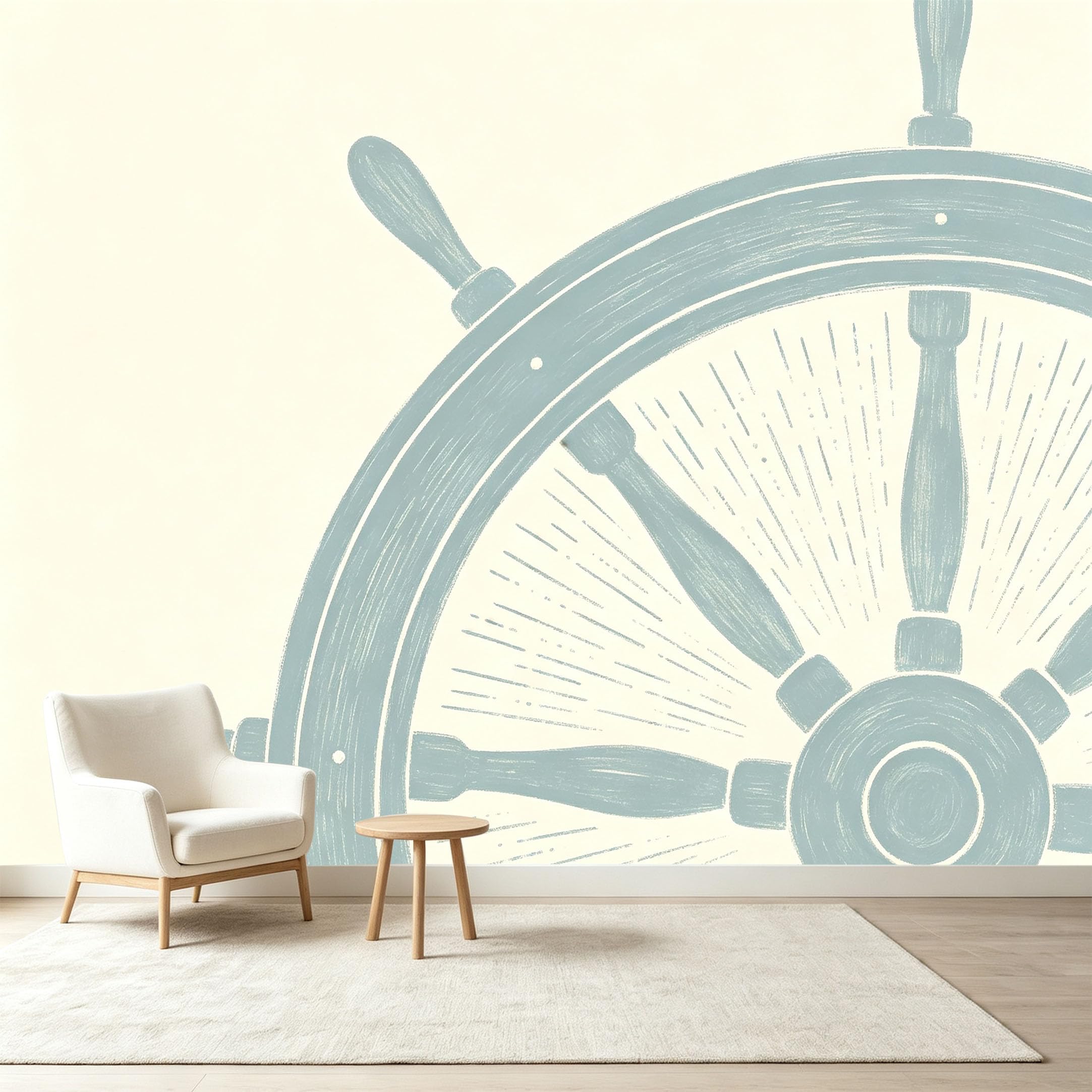 Custom Size Wall Murals Nautical Ship Wheel Minimalist Line Art Coastal Seascape Self-Adhesive Wall Fabric Removable Wallpaper Wall Decor for Living Room Bedroom Bathroom