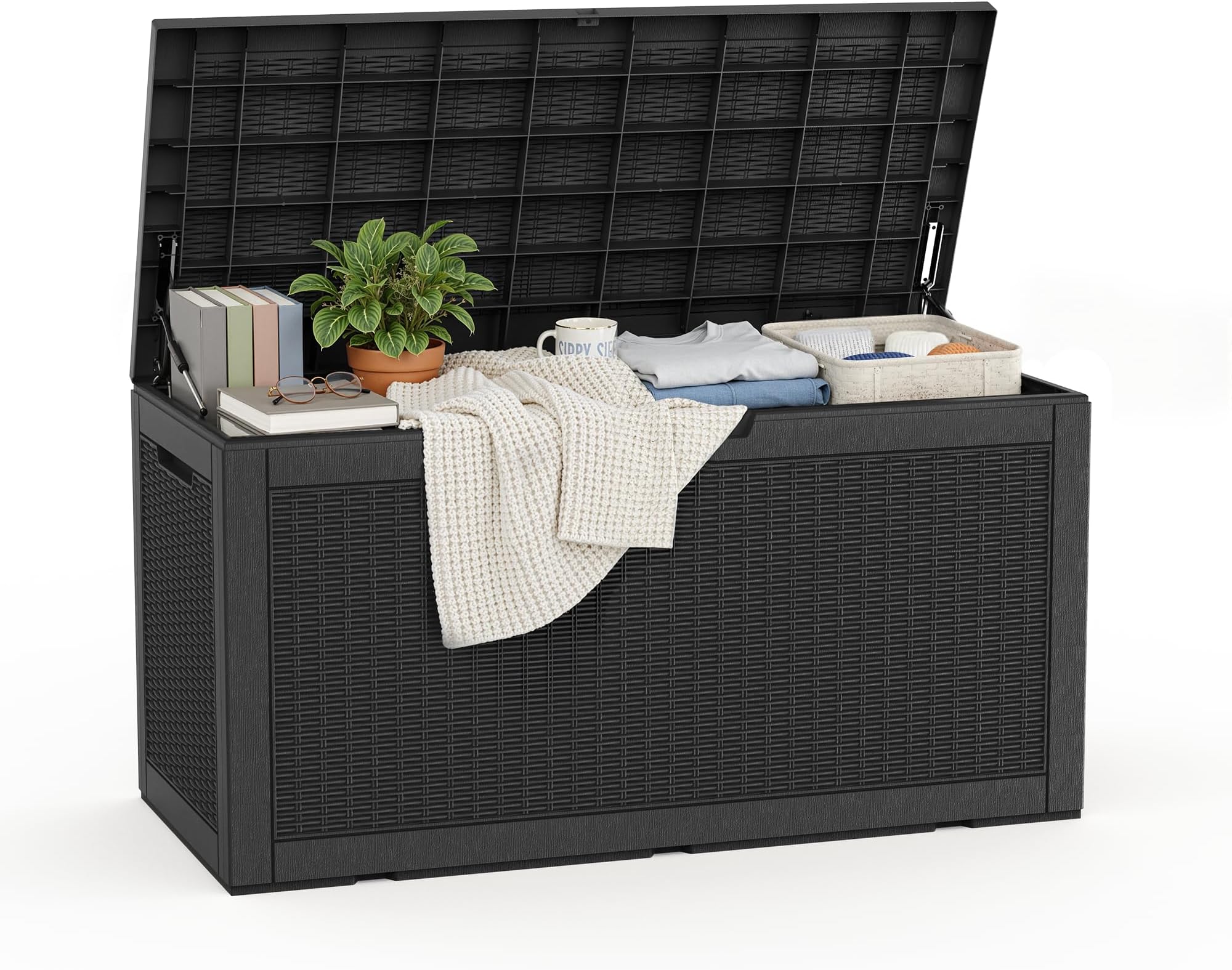 ROJIK Outdoor Storage Housing Deck Box - Waterproof Patio Furniture, Garden Tools, Cushions, Pool Accessories Storage Bench with Lockable Lid and Side Handles (Black 110 Gal)