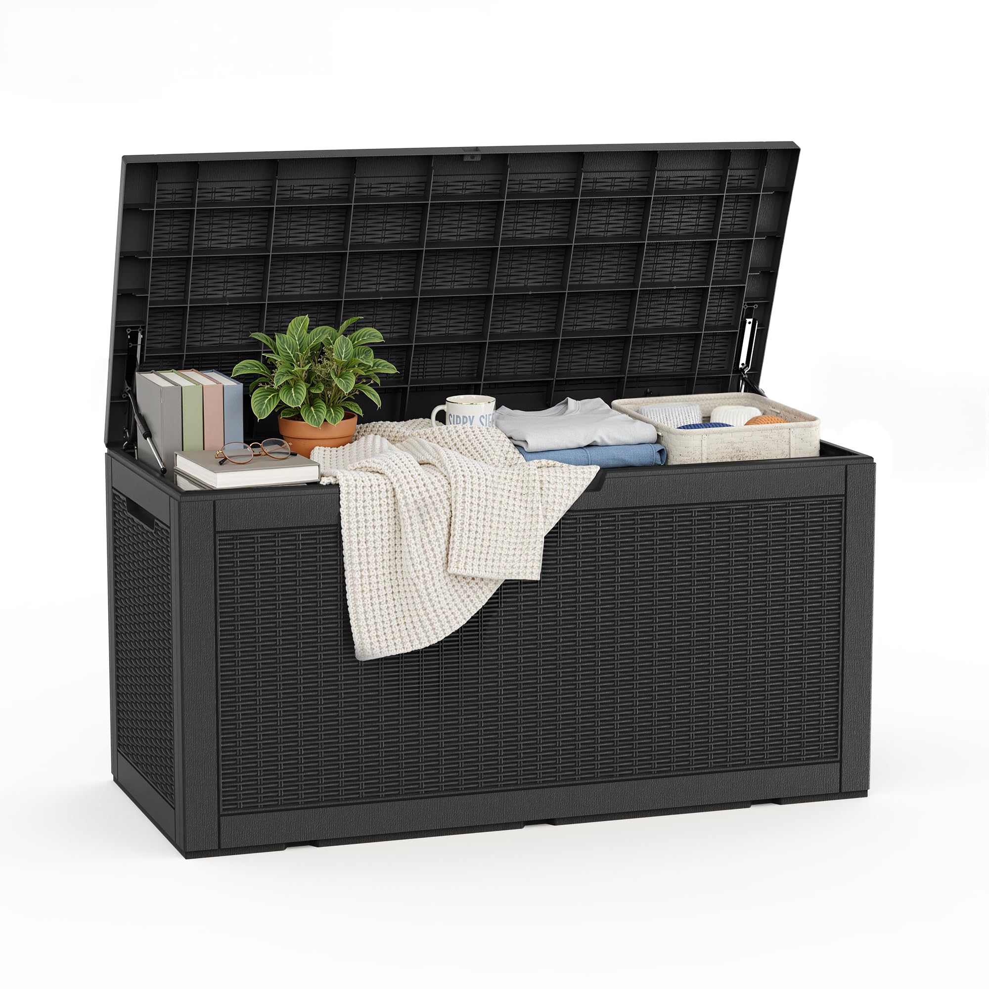 ROJIK Outdoor Storage Housing Deck Box - Waterproof Patio Furniture, Garden Tools, Cushions, Pool Accessories Storage Bench with Lockable Lid and Side Handles (Black 110 Gal)