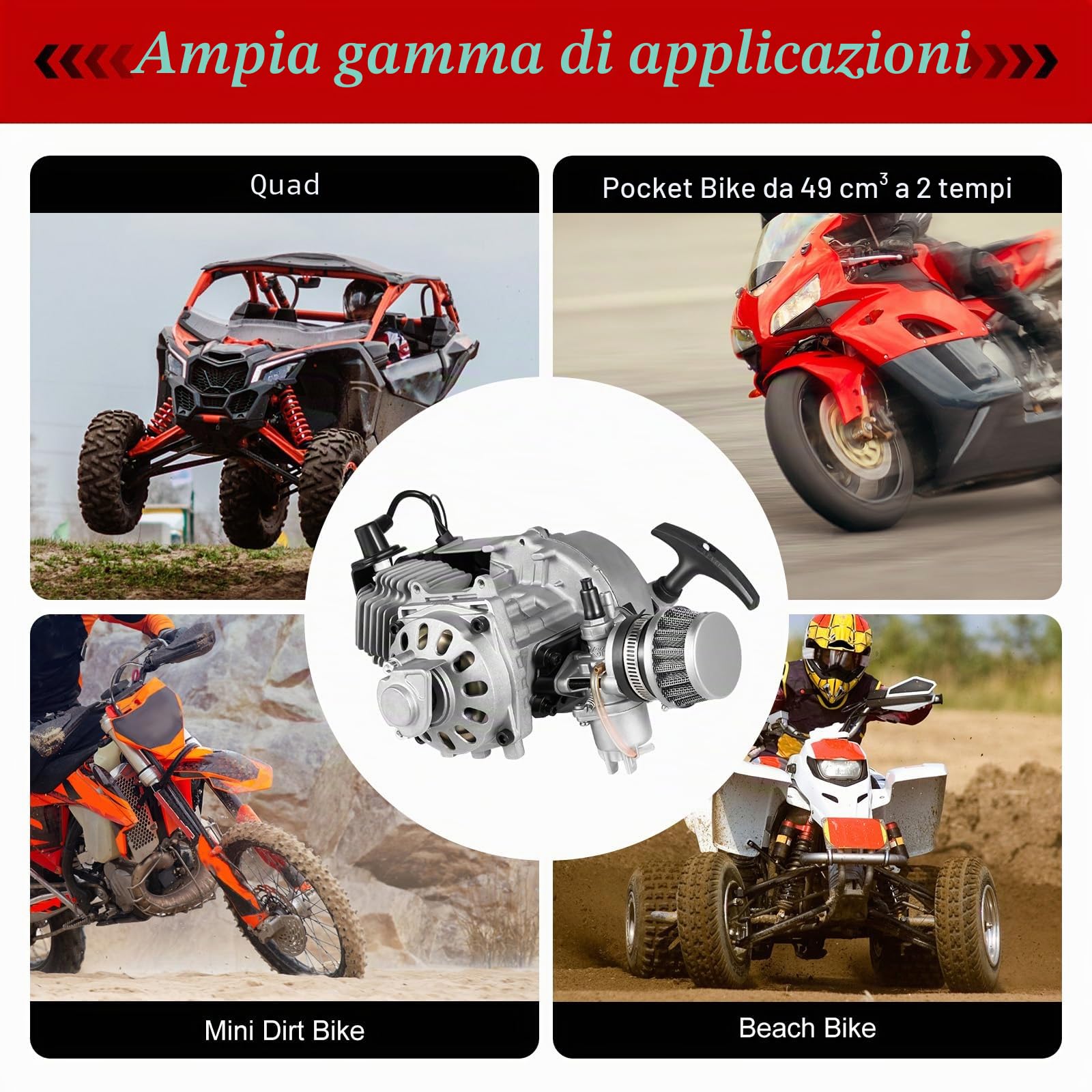 Kit mini motore a 2 tempi, 49 cc, Pull Start + serbatoio del carburante per Pocket Quad Dirt Bike 2 tempi