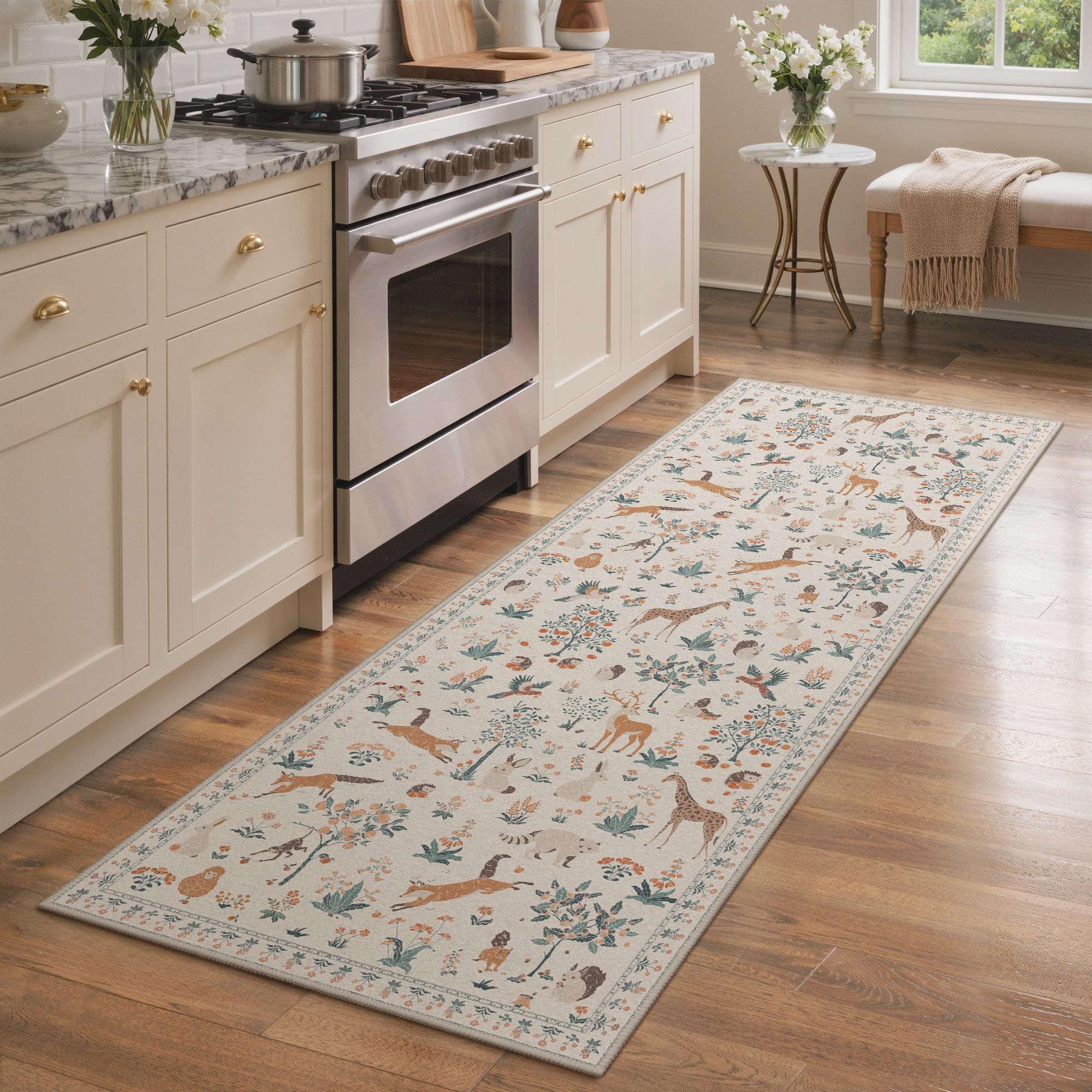 BESBLEE Runner Rug Non Slip 2'6''x 10', Floral Animal Print Rug Machine Washable Rug, Non Slip Low Pile Hallway Runner Carpet for Kitchen, Laundry, Bedroom, Bathroom, Beige