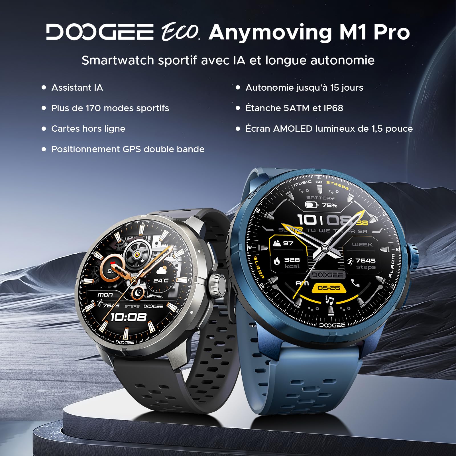 Anymoving M1 Pro Montre Connectée Homme, Écran AMOLED 1,5", GPS Double Bande, 170+ Modes Sportifs, Autonomie 15 Jours, Assistant Vocal IA, Étanche 5ATM, Montre Sport pour l'Extérieur