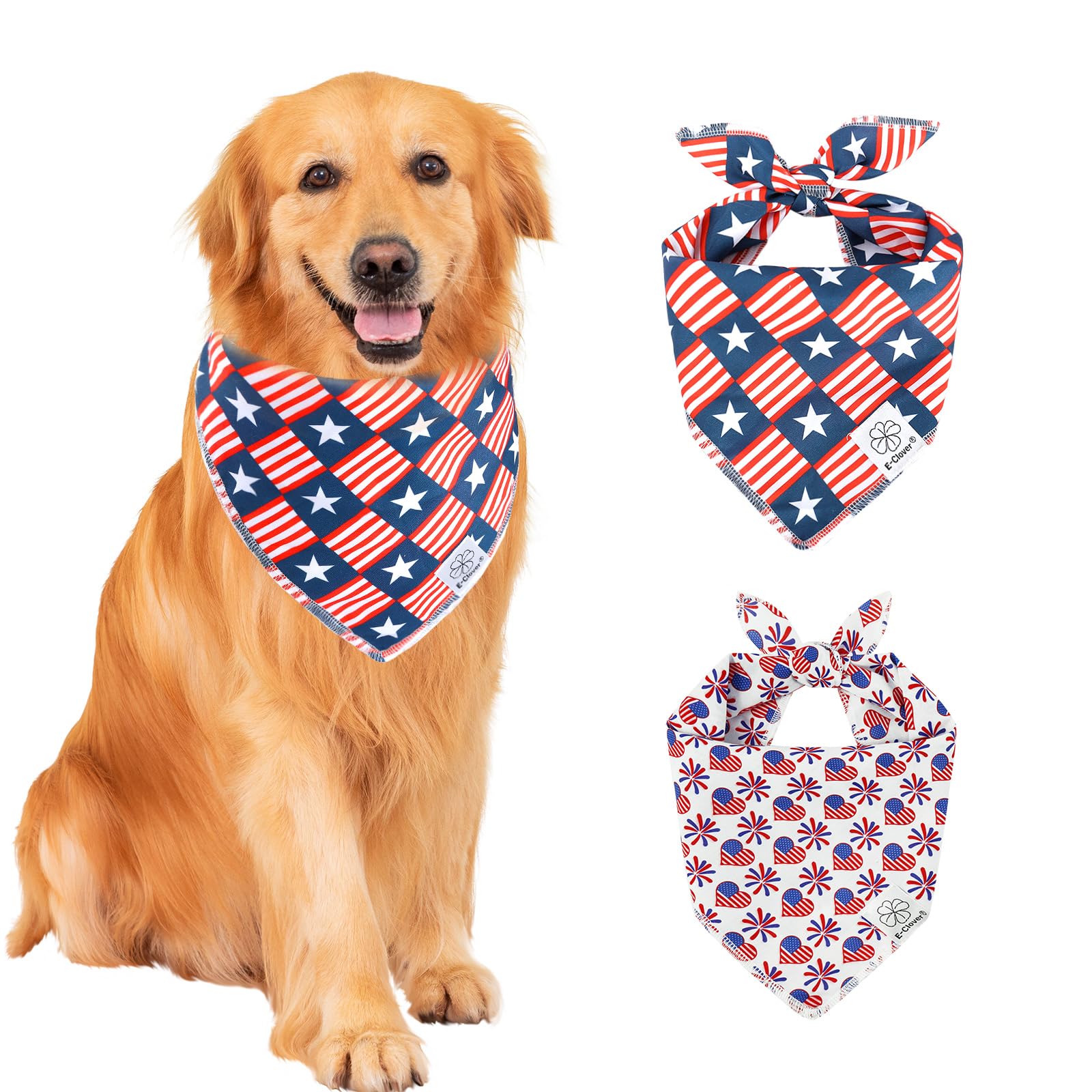 E-Clover 4th of July Dog Bandanas 2 Pack American Flag Pet Patriotic Scarf for Boy and Girl Cute Dog Costumes Accessories for Medium Large Dogs