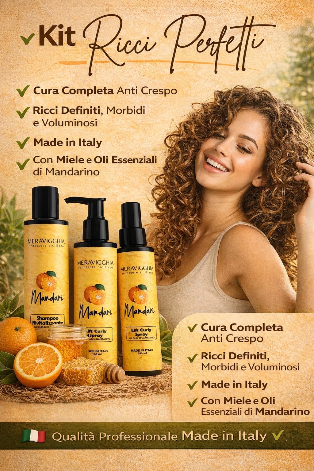 Kit Completo per Capelli Ricci Anti Crespo – Shampoo Rivitalizzante, Crema Effetto Memory e Spray Lift Curly – Routine Ricci Definiti e Voluminosi – Made in Italy