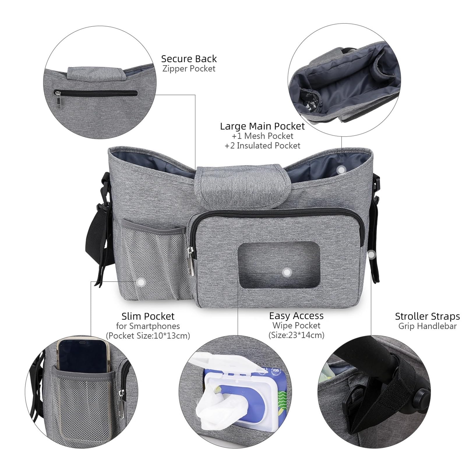 Wickeltasche Kinderwagen Kleine Wickeltasche, Kinderwagen-Organizer mit isoliertem Getränkehalter und Schultergurt, Mini-Kinderwagen-Aufbewahrungstasche for den Außenbereich(Black)