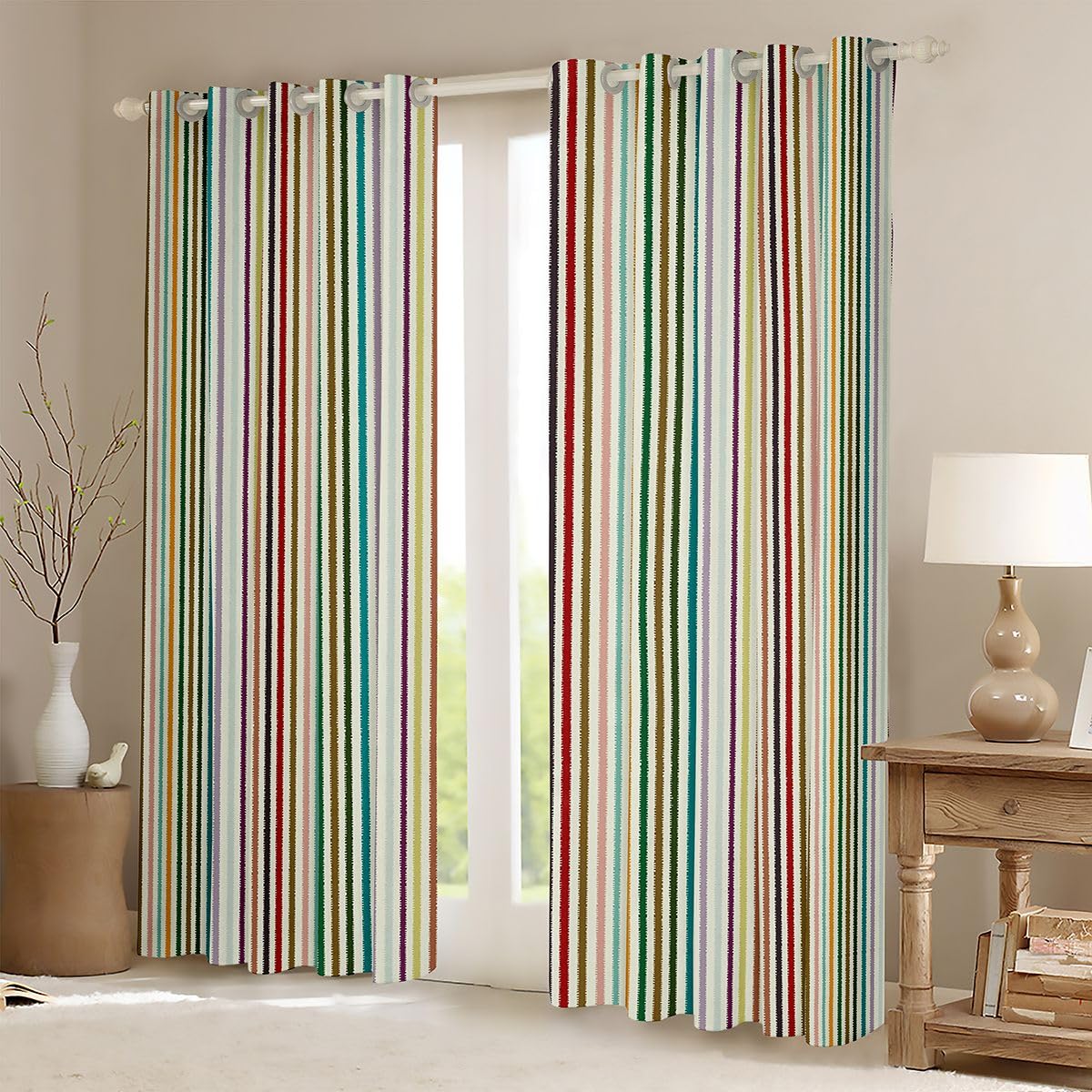 Homewish Tęczowe czerwone żółte paski abstrakcyjne zasłony okienne 117 x 137 cm, 2 zestawy paneli - gotyckie zasłony zaciemniające w paski, geometryczne zasłony okienne, zasłony poziome szycie do