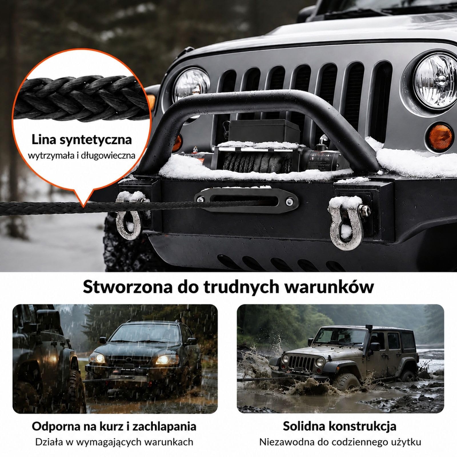 Wyciągarka elektryczna 6100 kg 12 V DC z liną syntetyczną i hakiem widełkowym do pojazdów terenowych, jeepów, przyczep, łodzi