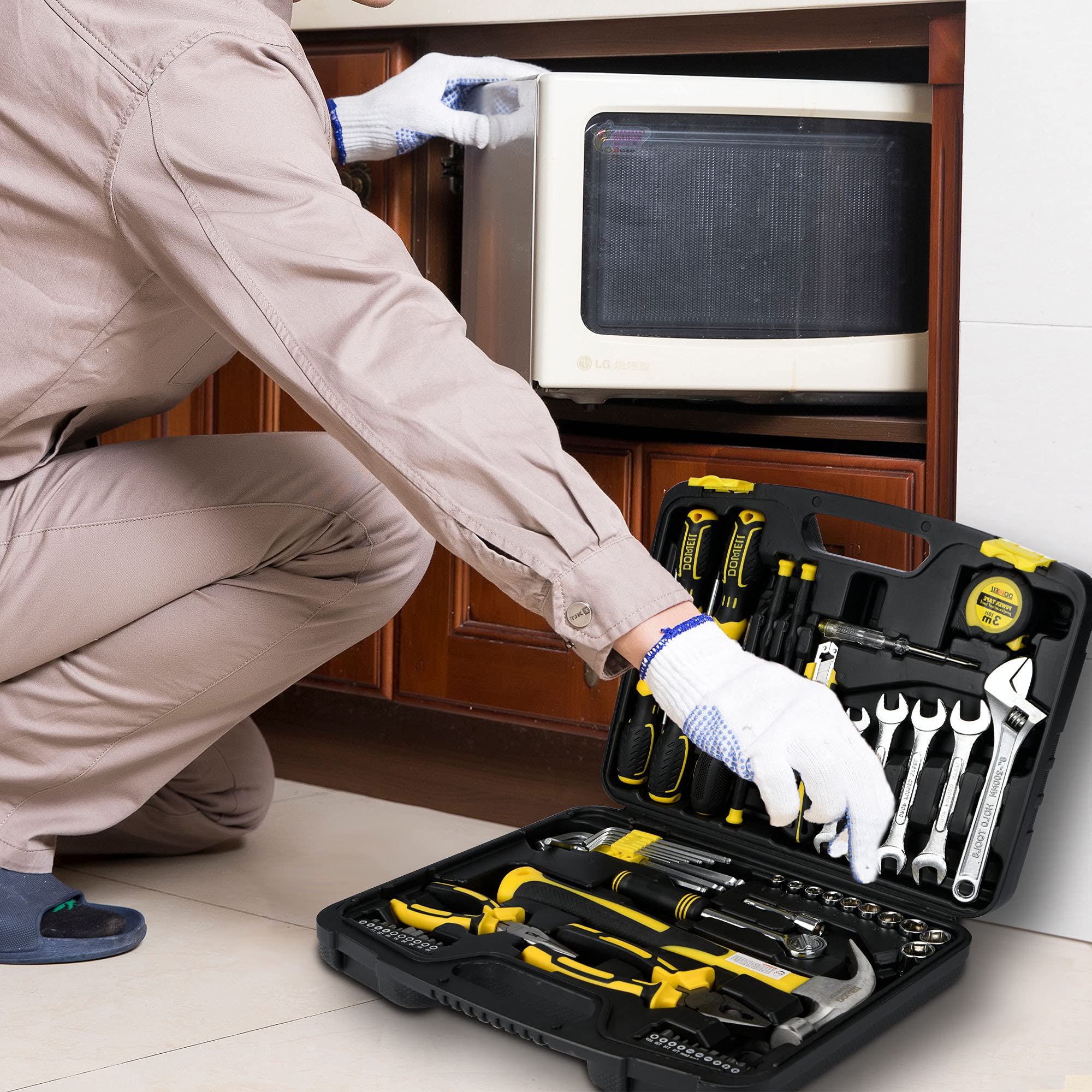 DOWELL Set di attrezzi da 61 pezzi, Kit meccanico, Set di chiavi a bussola, Per riparazioni auto e domestiche, Utensili manuali con scatola portautensili di stoccaggio in plastica