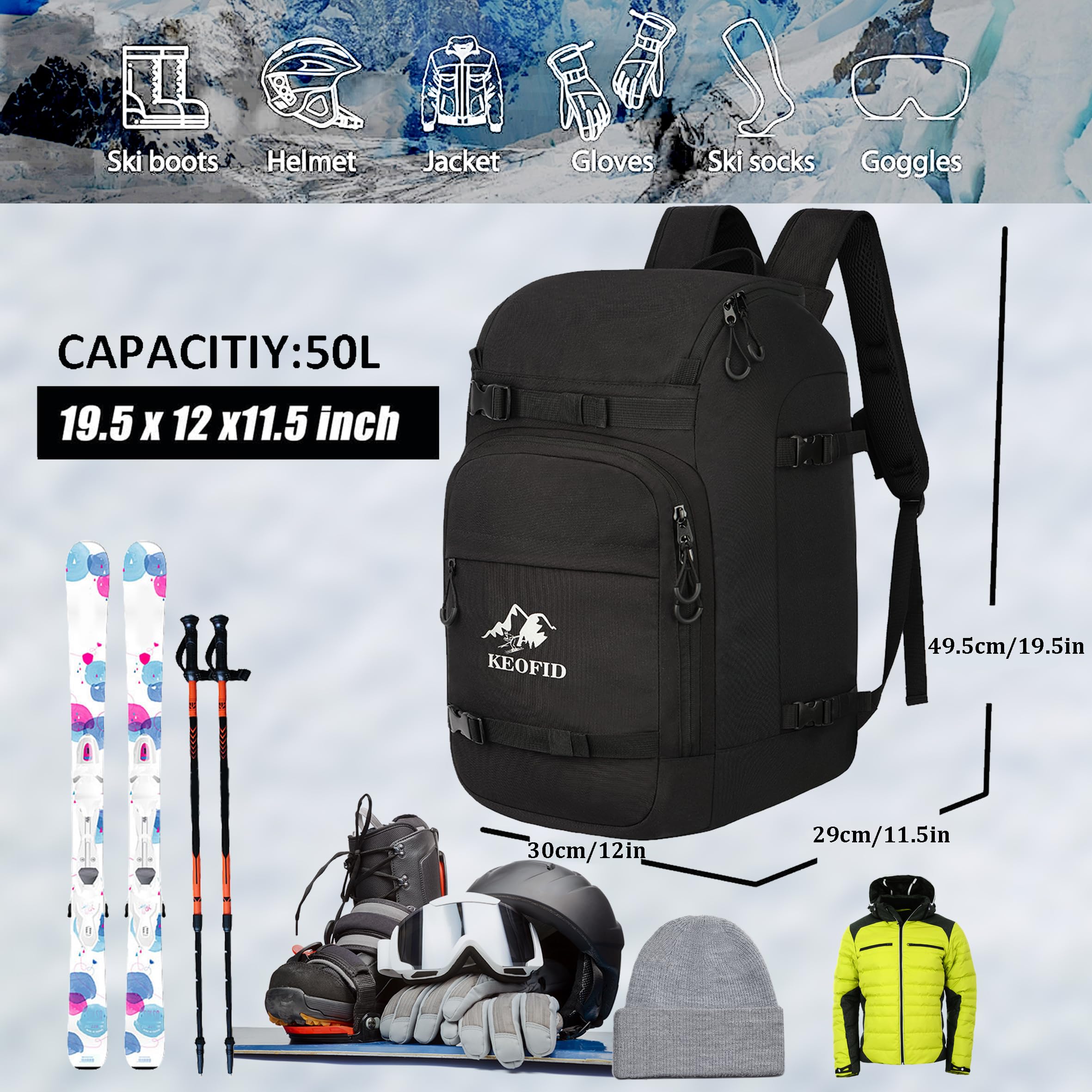 KEOFID Sac à Chaussures de Ski pour Homme et Femme, Sac à Dos de Voyage et Sac de Snowboard de 50L