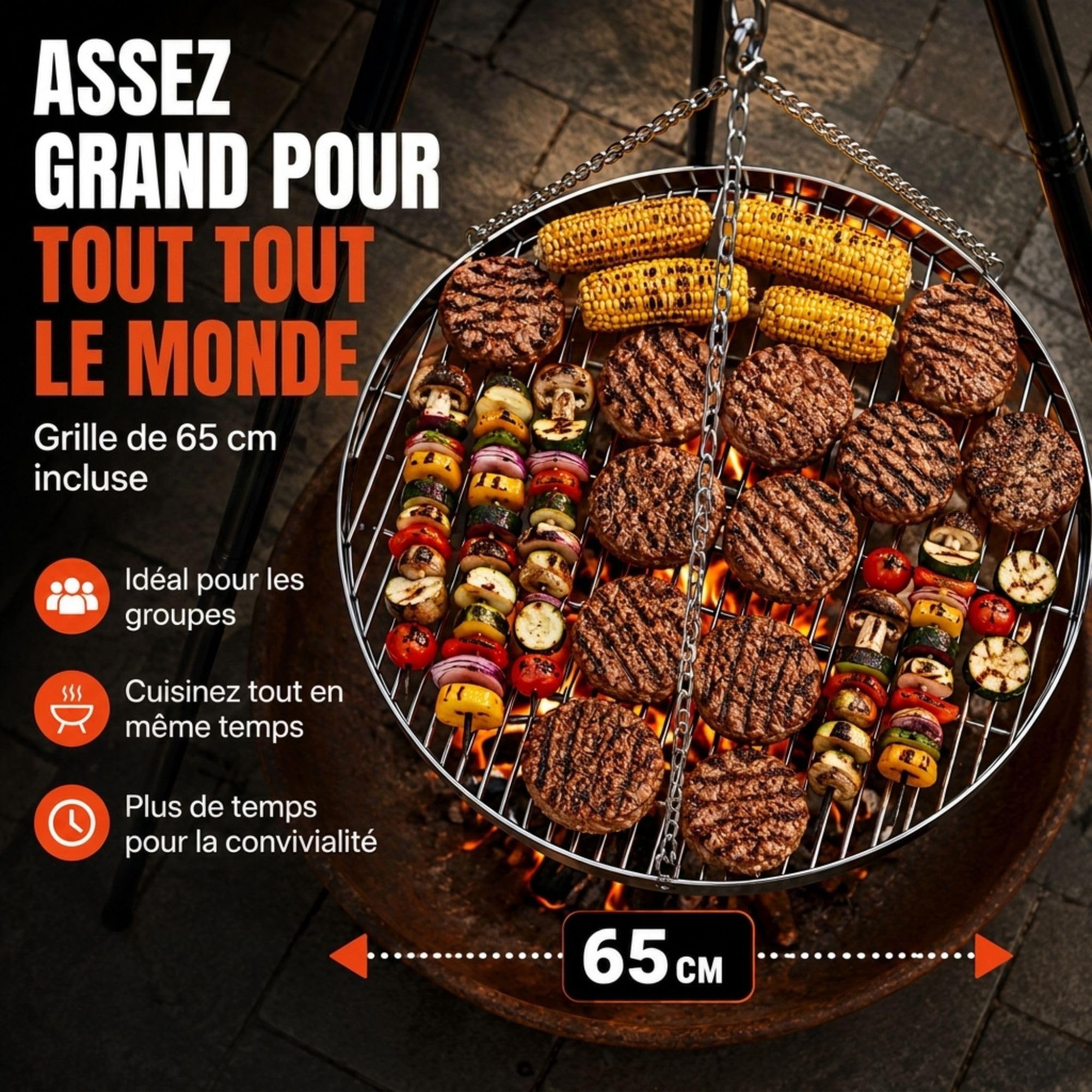 HEAT Trépied Barbecue Suspendu - Barbecue Pivotant avec Grille Ø 65 cm