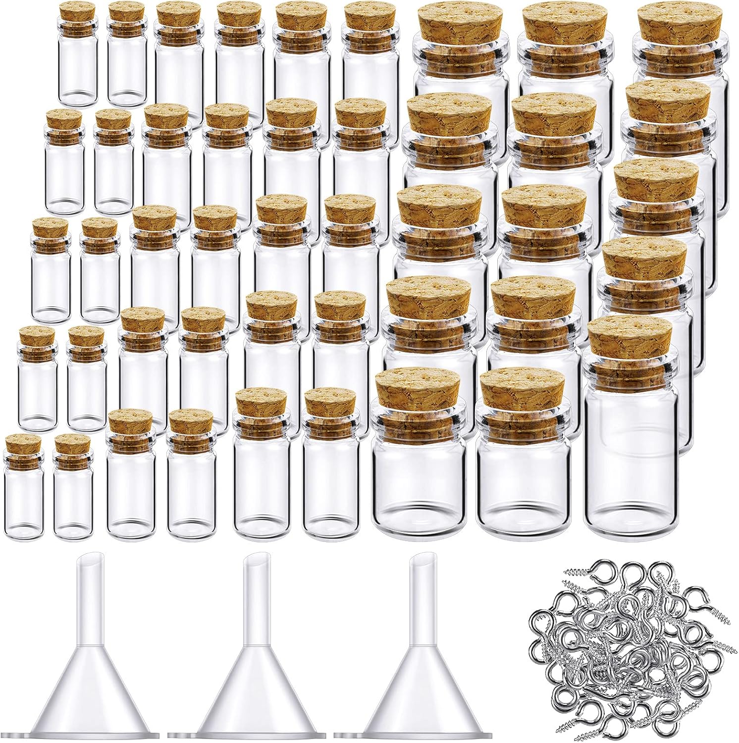 Sherli 45 Pcs Small Mini Glass Bottles with Cork Stoppers Small Glass Jars with Lids Tiny Spell Jars with 50 Eye Screws and 3 Funnels for DIY Art Craft(0.5ml, 1ml, 3ml, 5ml, 10ml)