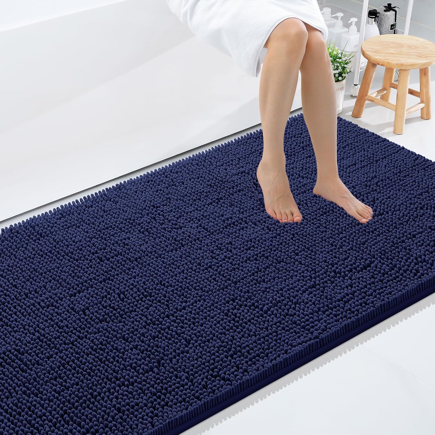 Smiry Luxury Chenille Bathroom Rugs 59x35, Extra Soft and Absorbent Shaggy Bath Mat, Machine Washable, Non-Slip Plush Carpet Runner for Tub, Shower, and Floor, Home Decor Accessories, Navy Blue