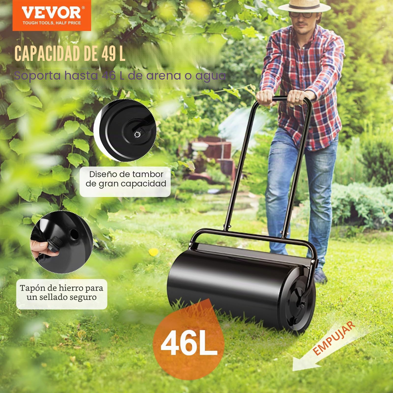 VEVOR Rodillo para Césped de 13 galones/49 L Rodillo para Jardín Relleno de Arena/Agua Rodillo para Césped de Acero Fácil Giro Mango Ergonómico en Forma de U para Césped, Jardín, Granja, Parque