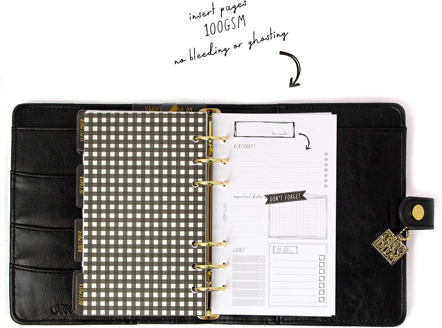 Pukka Pad, Carpe Diem Set of Personal Planner with Undated Inserts, 8 X 7.5 X 1.4 Inches and Matching Metal Gel Pen in a Giftbox, Black