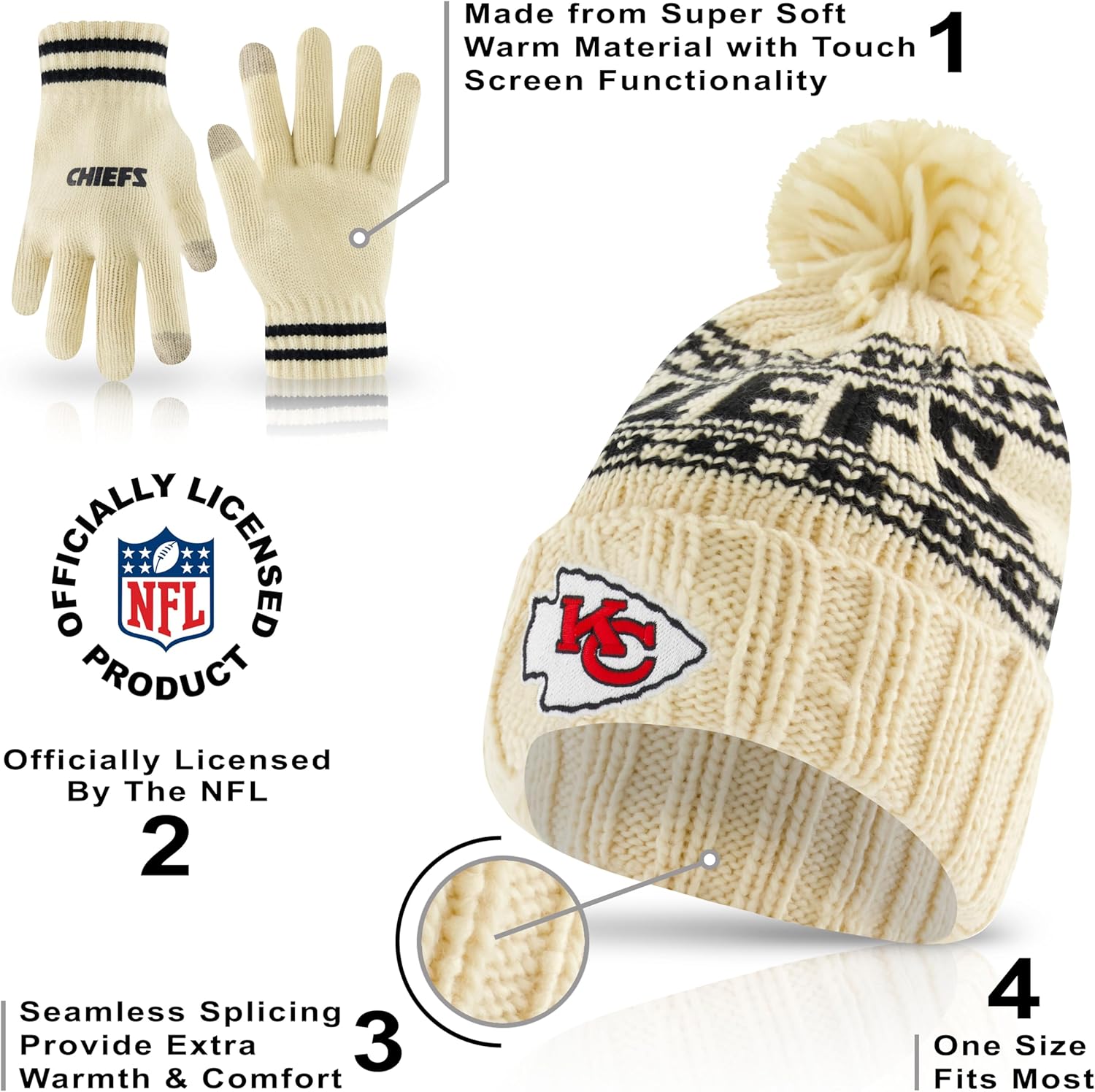 Ultra Game Youth NFL Official Super Soft Cable Knit Winter Beanie Knit Hat with Extra Warm Touch Screen Gloves