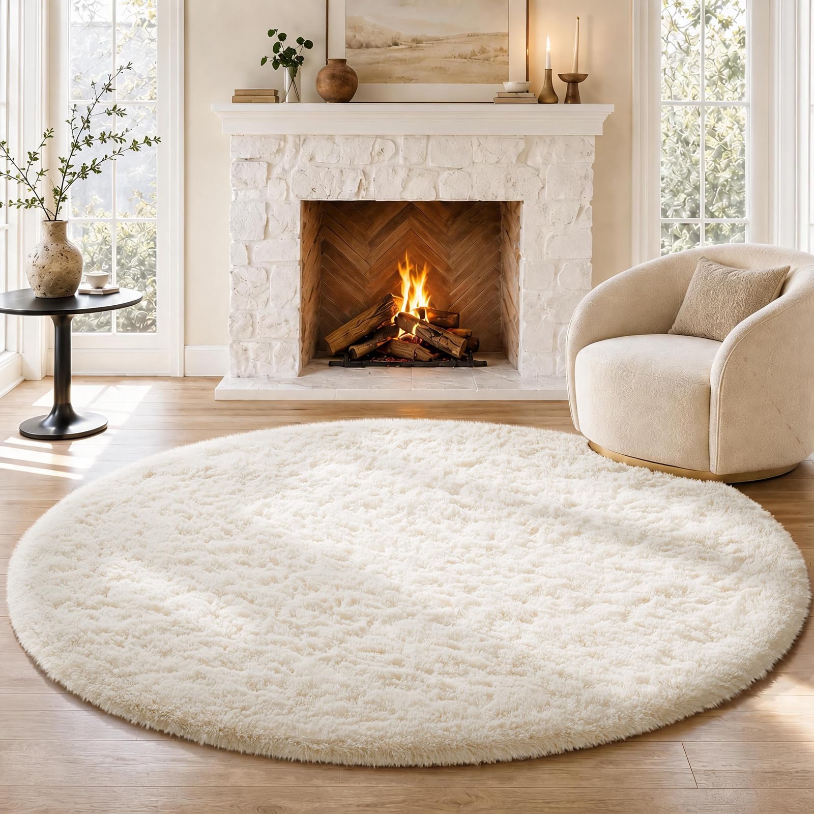 ophanie round rugs 6ft ivory circle area rug, aesthetic room decor, fluffy fuzzy bedroom carpet, plush soft shaggy cream living room rugs for kids home decor, nursery