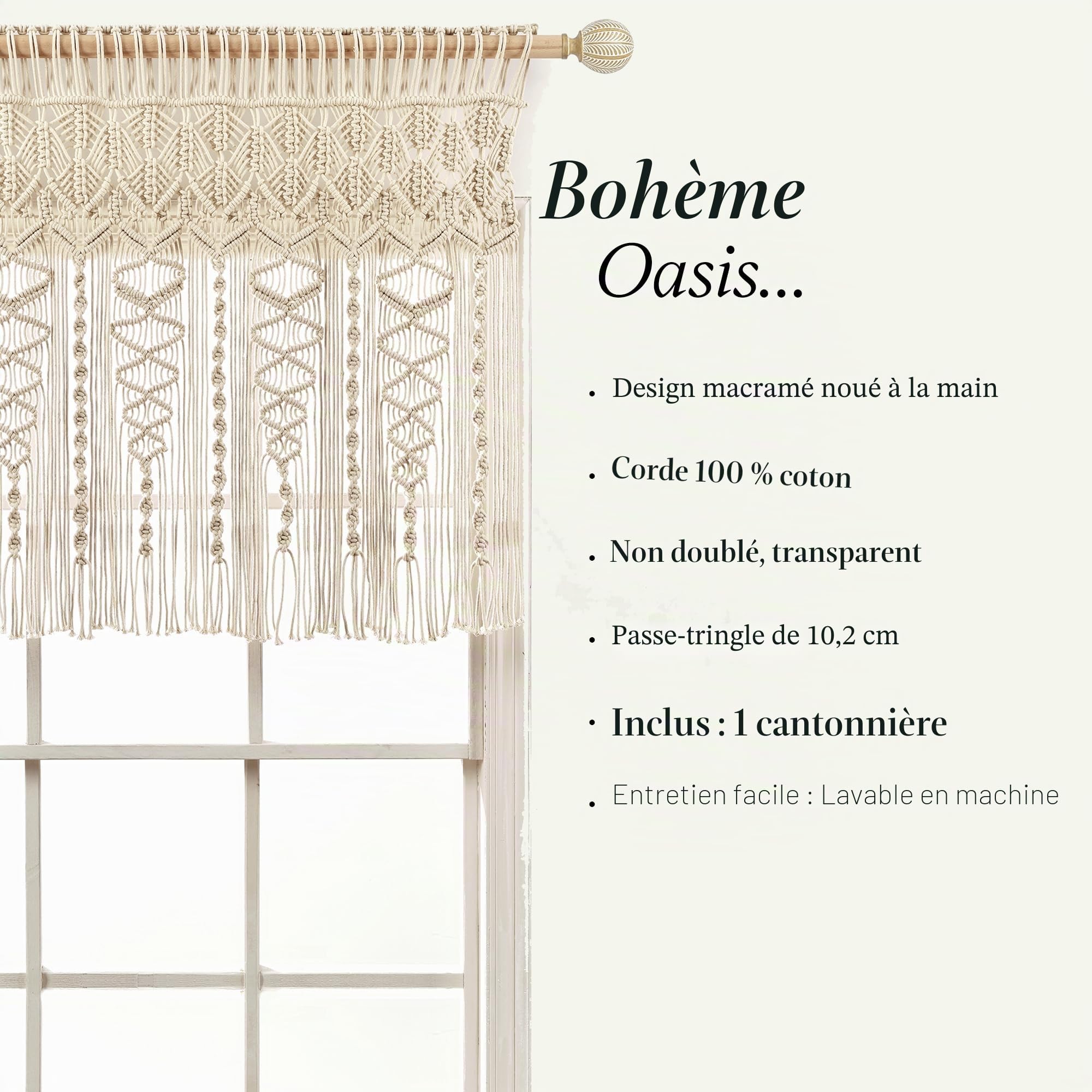 Lush Decor Cantonnière en Coton texturé macramé bohème - 101,6 cm de Large x 76,2 cm de Long - Rideaux de Cuisine et décoration Murale - Rideaux de fenêtre de Salle de Bain - Neutre