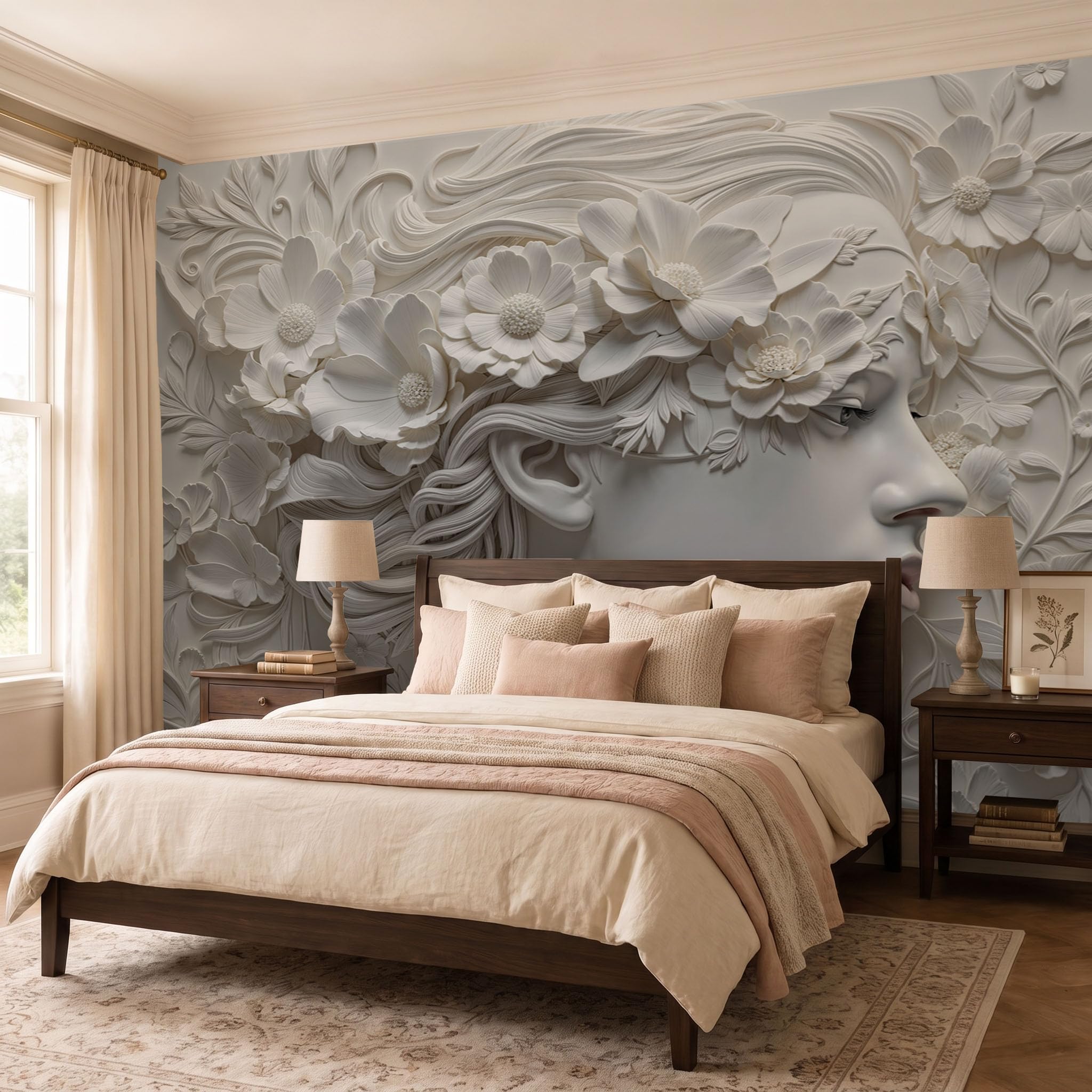 Carta da Parati Panoramica Ritratto 3D 450x315cm | Fiore sul profilo di una donna Foto Wallpaper Poster Gigante Design Bianco Murale Decor della Parete Soggiorno Camera da Letto