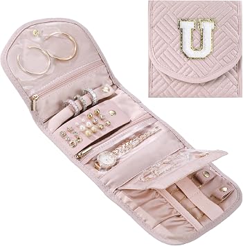Travel Jewelry Organizer Case for Women Gift, Foldable Small Jewelry Roll for Journey-Rings, Necklaces, Earrings, Bracelets, Soft Pink-Initial U