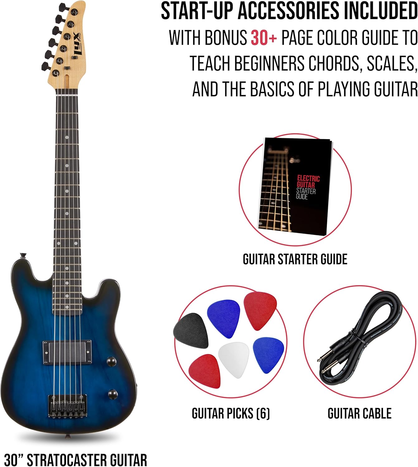 LyxPro CS 30” Electric Guitar Kit for Beginner, Intermediate & Pro Players with Guitar, Amp Cable, 6 Picks & Learner’s Guide | Solid Wood Body, Volume/Tone Controls, 5-Way Pickup - Blue