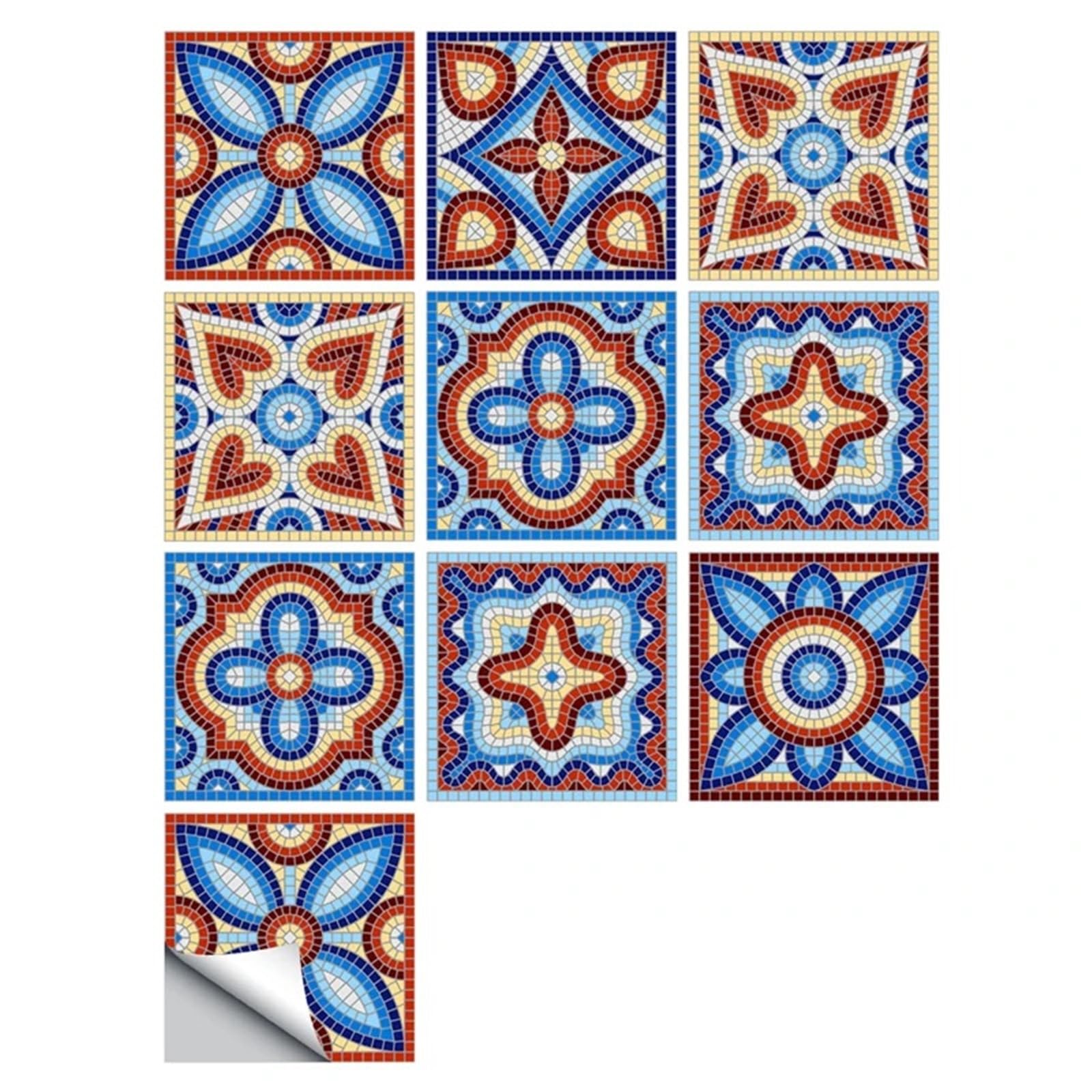 Wall Tile Sticker Retro Abstract Print Tile Stickers Bathroom Mosaic Vinyl Kitchen Adhesive Border Wall Decals Waterproof Wallpaper Art Mural(Color16)