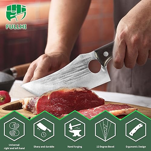 Miniatura 8 de FULLHI Juego de cuchillos de carnicero forjados a mano, cuchillo de deshuesado, cuchillo de corte de carne de acero de alto carbono para cocina,