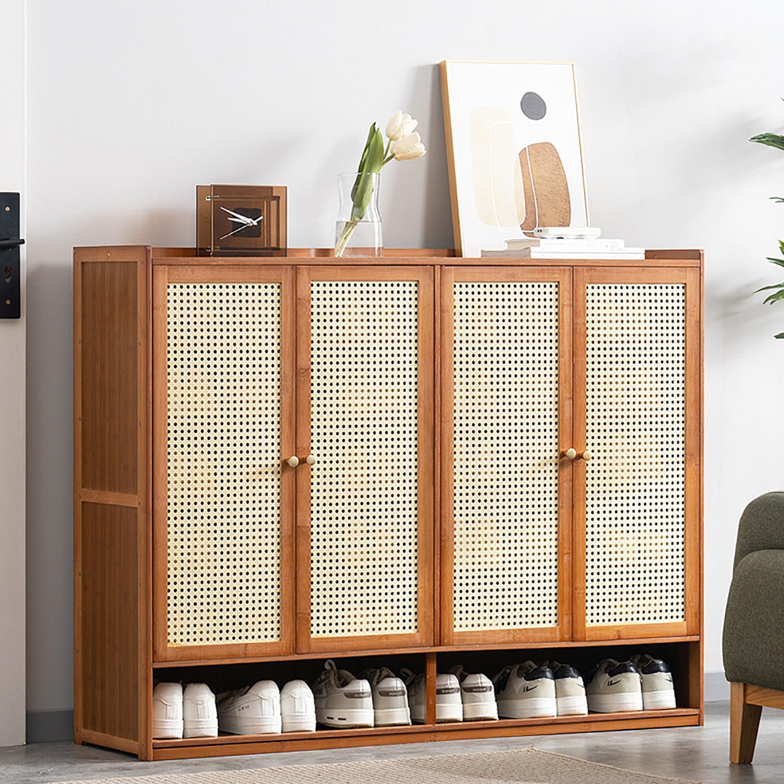 LMYSXAOZ 7-Tier Bamboo Shoe Cabinet with Doors - Freestanding Wooden Rack Organizer for Entryway, Hallway & Closet Stylish Rattan Design in Brown Color