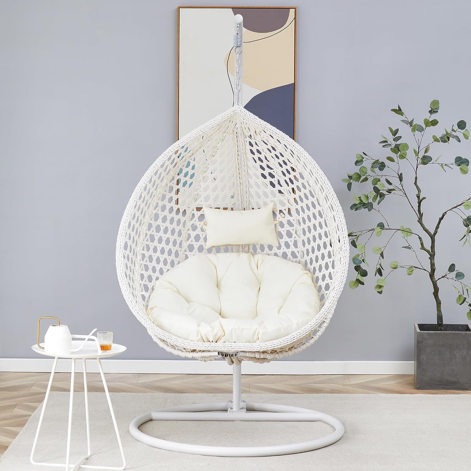 JUFU White Egg Chair with Stand, Indoor Outdoor Hanging Swing Chair with Thick Cushion and Pillow, 350 lb Capacity Wicker Patio Chair for Balcony, Bedroom, Porch, Sunroom