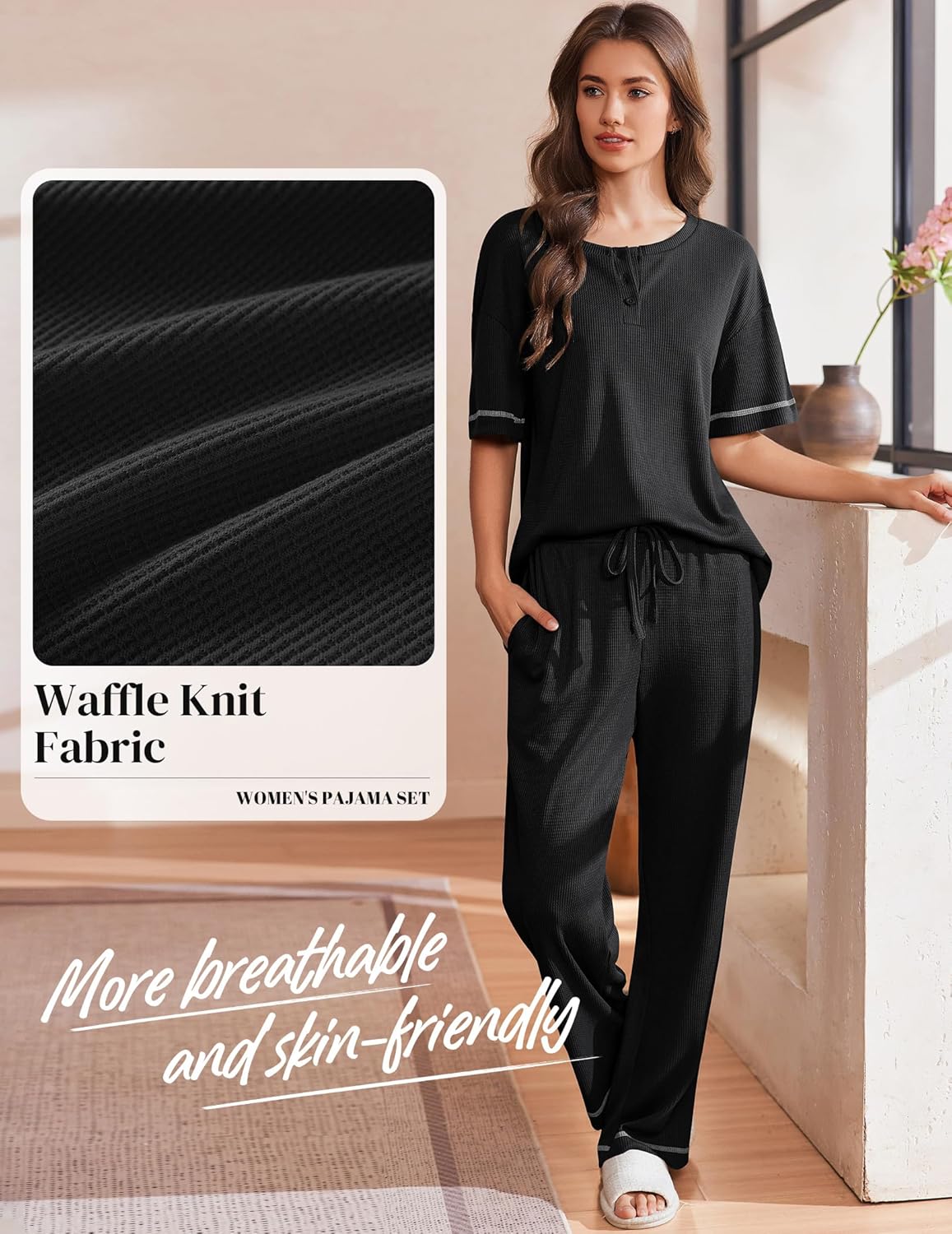 Ekouaer Lounge Sets for Women Waffle Knit Womens Pajama Sets 2 Piece Pjs Sets with Pockets Short Sleeve Top Long Pant - Image 2