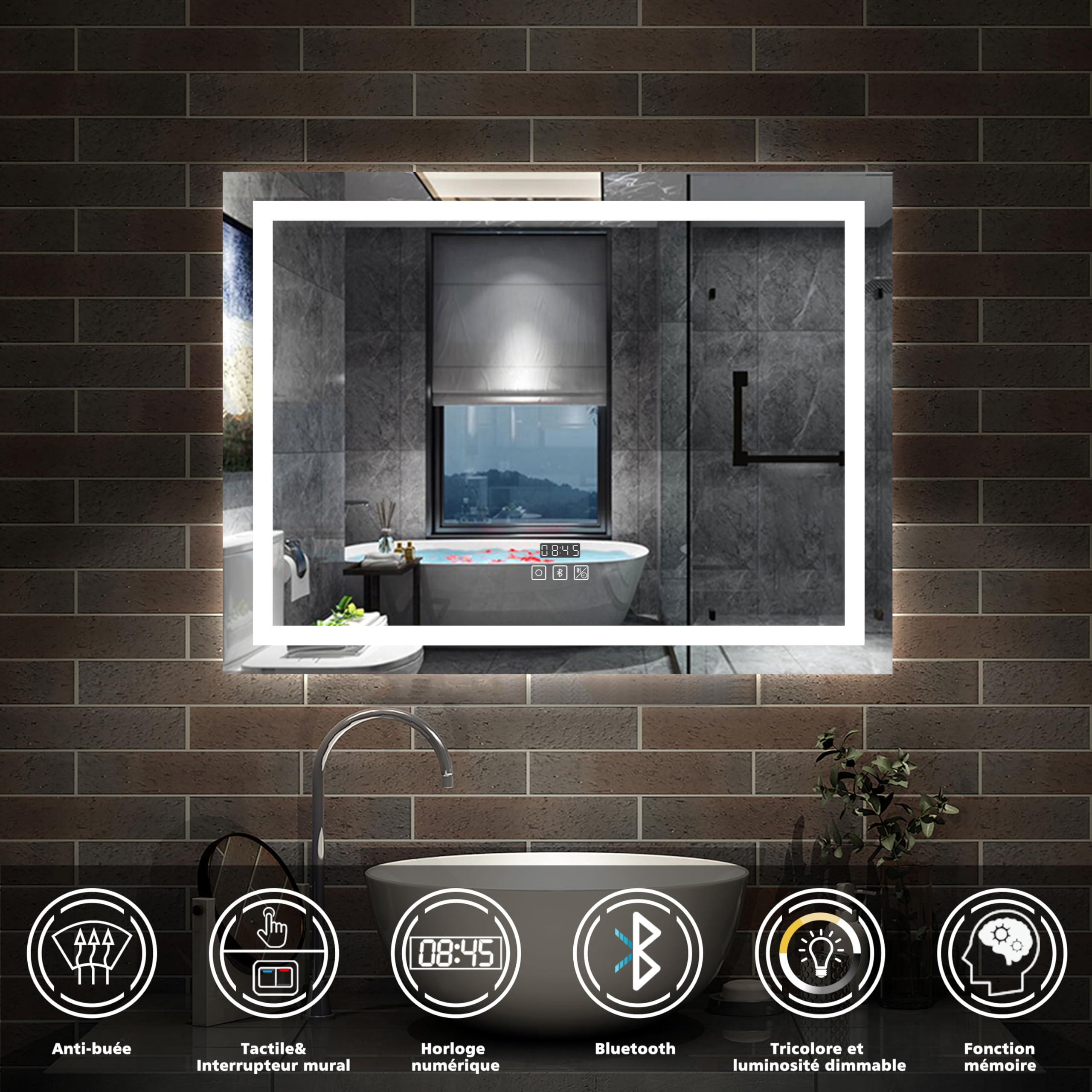 AICA Miroir Salle de Bain avec Éclairage 80 x 60cm,3 Couleurs + Anti-buée | Dimmable + Mémoire,Fixation Horizontale ou Verticale, Miroir Salle de Bain LED
