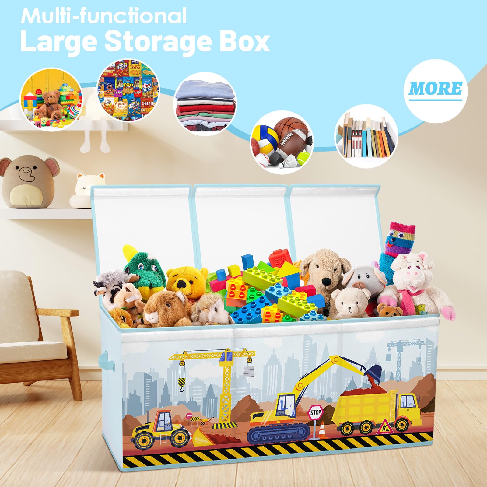 Extra Groß Aufbewahrungsbox, Faltbare Spielzeugkiste mit Deckel&Griff, Oxford spielzeug aufbewahrung für Kinder,Mädchen und Jungen,Spielzeugbox im Kinderzimmer,96×32×40 cm,Baumaschine