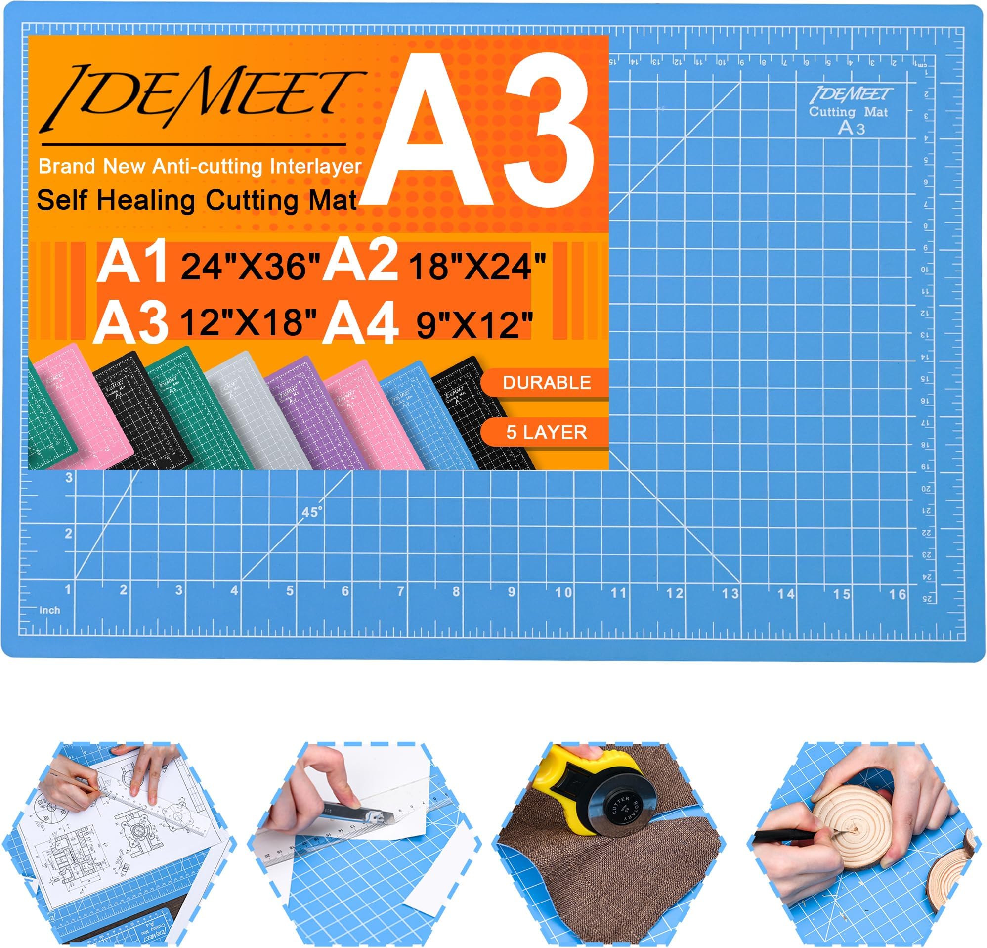 Thickened 18"x12" Self Healing Cutting Mat, Rotary Cutting Sewing Mat for Crafts, 5-Ply Blade Table Protector Cut Board for Fabric Leather Cutting Quilting Modeling Hobby Project, A3, Blue