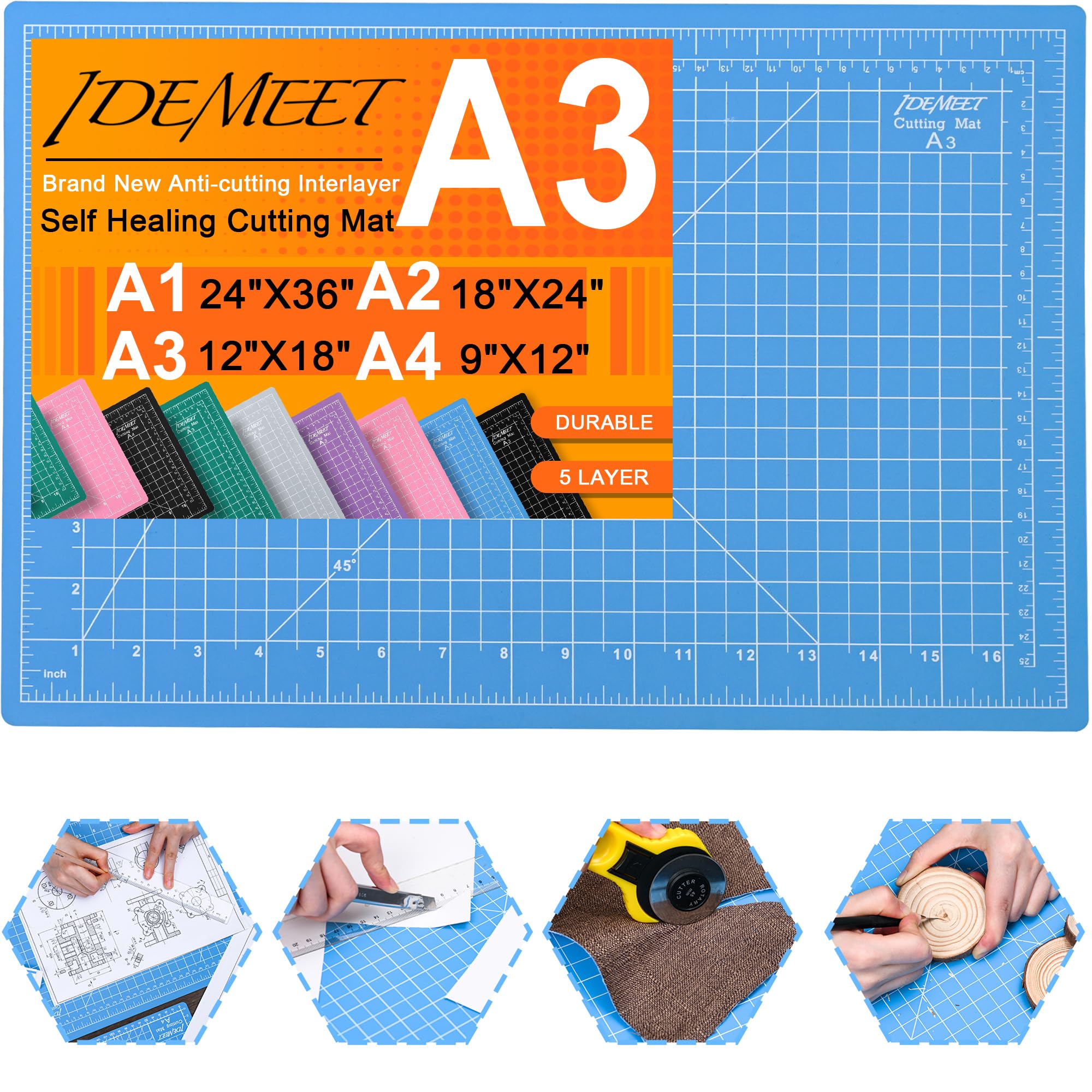 Thickened 18"x12" Self Healing Cutting Mat, Rotary Cutting Sewing Mat for Crafts, 5-Ply Blade Table Protector Cut Board for Fabric Leather Cutting Quilting Modeling Hobby Project, A3, Blue