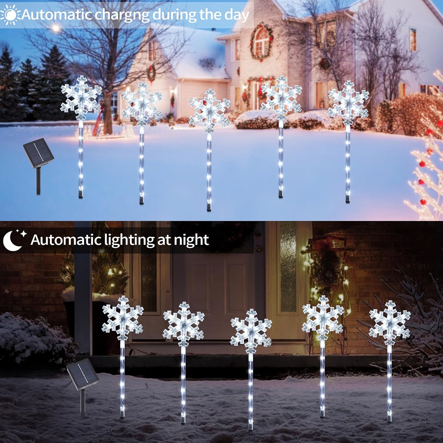 BRIGHTDECK Solar Christmas Snowflake Pathway Lights, Set of 5 Outdoor Garden Lights Decorations，Waterproof Stake Decorative Light for Yard Lawn Porch Walkway Decor (Cool White, 10 Pack)