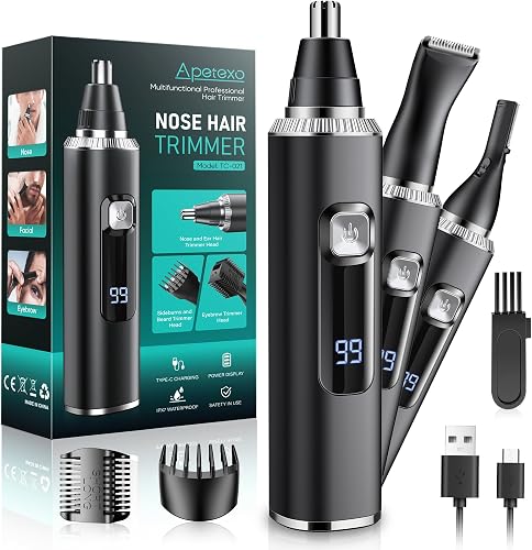 Nose Hair Trimmer for Men and Women, Type-C Rechargeable Precision Groomer with Double-Edged Blades, Painless & IPX7 Waterproof Design for Nose, Ears, Eyebrows and Facial Hair - Black
